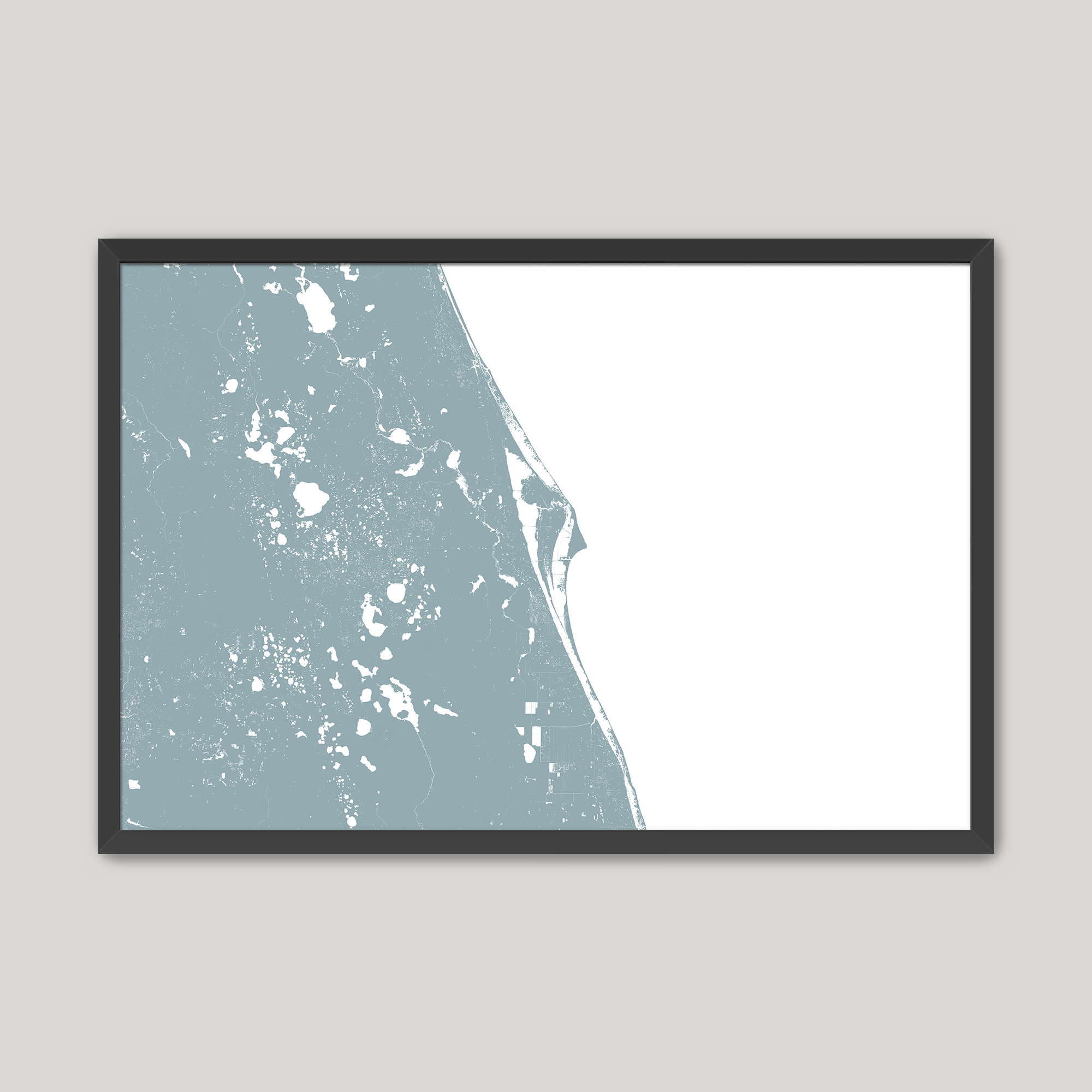 Space Coast Coastal Map — Fine Art Print Horizontal, soft-blue, Black Frame, 10x8