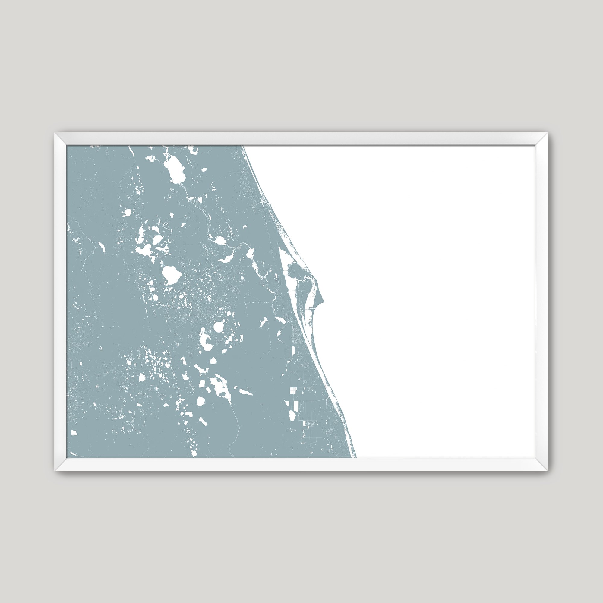 Space Coast Coastal Map — Fine Art Print Horizontal, soft-blue, White Frame, 10x8