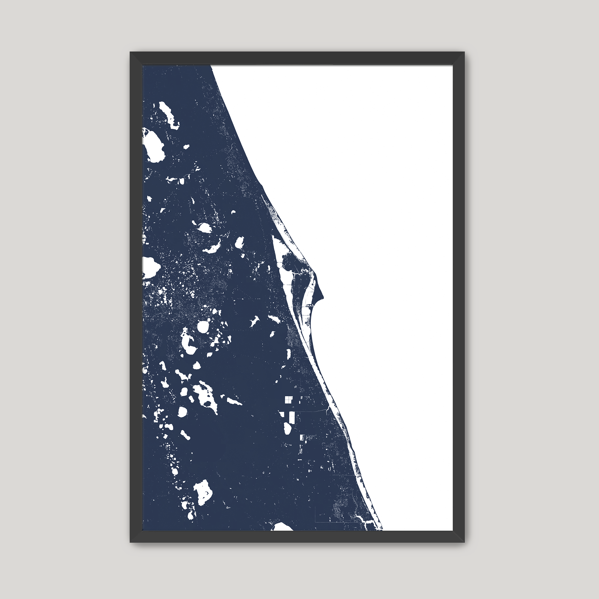 Space Coast Coastal Map — Fine Art Print Vertical, navy, Black Frame, 8x10