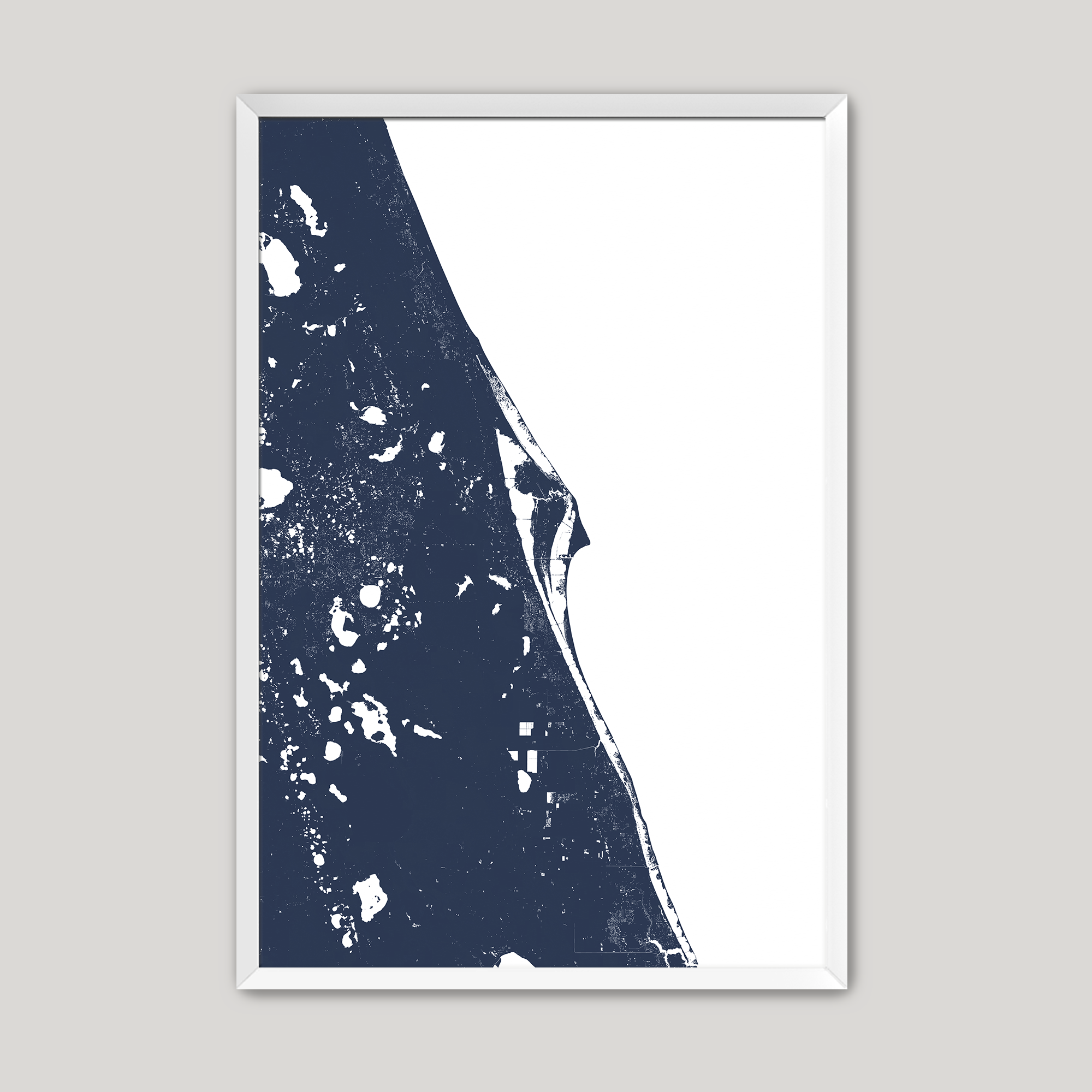 Space Coast Coastal Map — Fine Art Print Vertical, navy, White Frame, 8x10