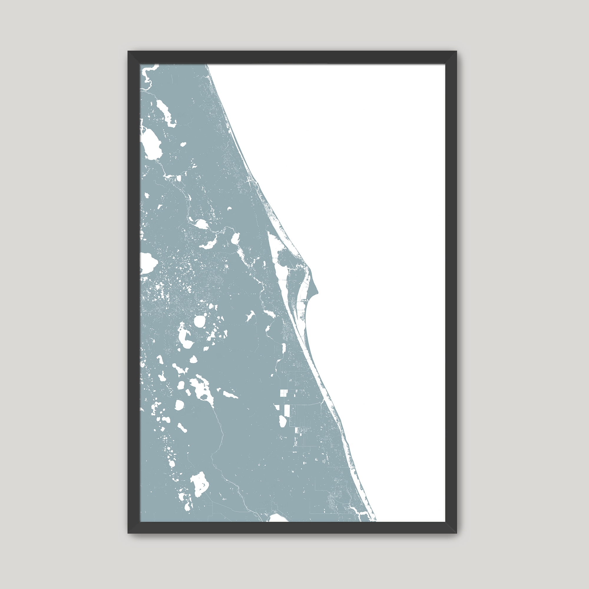 Space Coast Coastal Map — Fine Art Print Vertical, soft-blue, Black Frame, 8x10