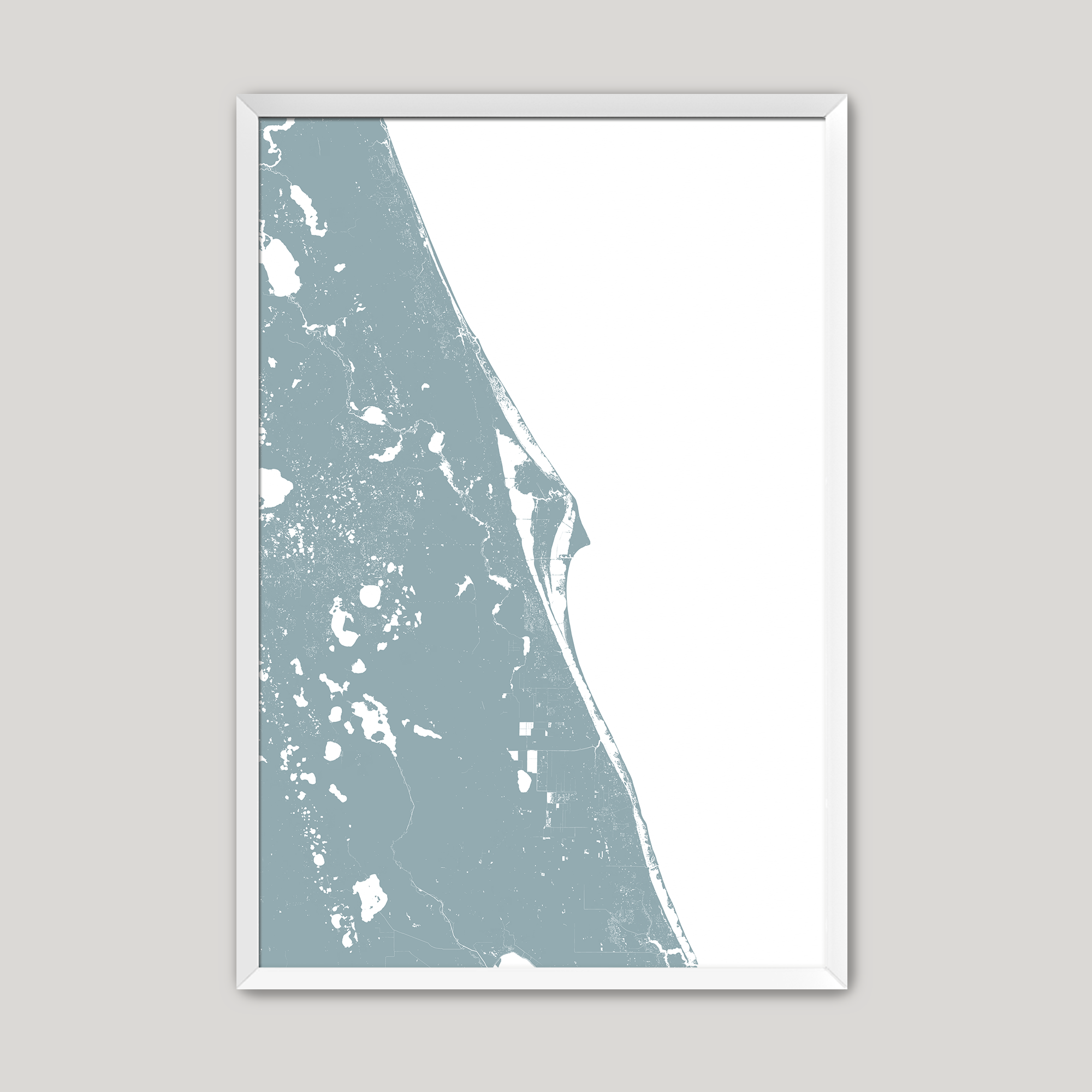 Space Coast Coastal Map — Fine Art Print Vertical, soft-blue, White Frame, 8x10