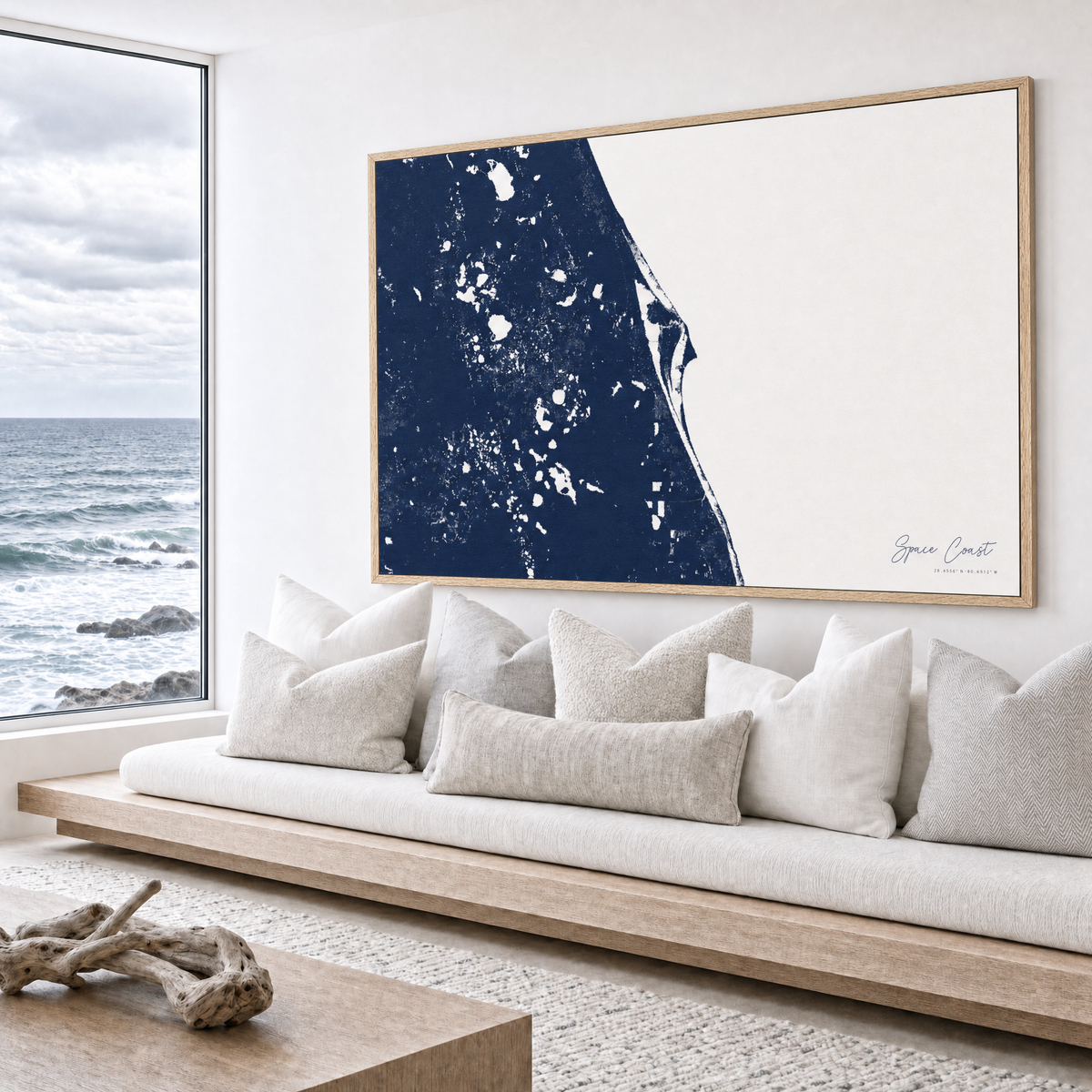 Space Coast canvas map — sea-view bench interior