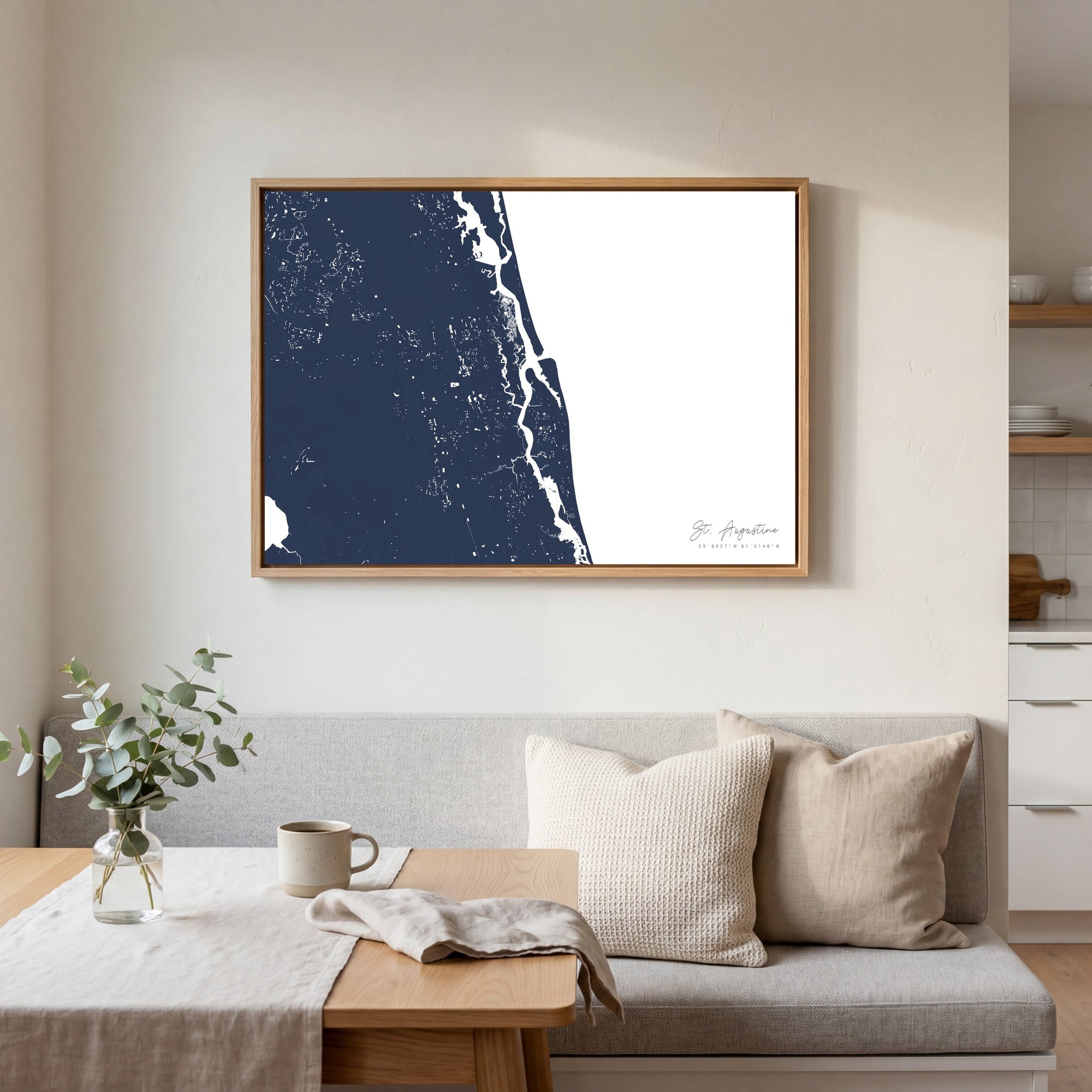 St Augustine navy horizontal canvas map in an oak framed room scene