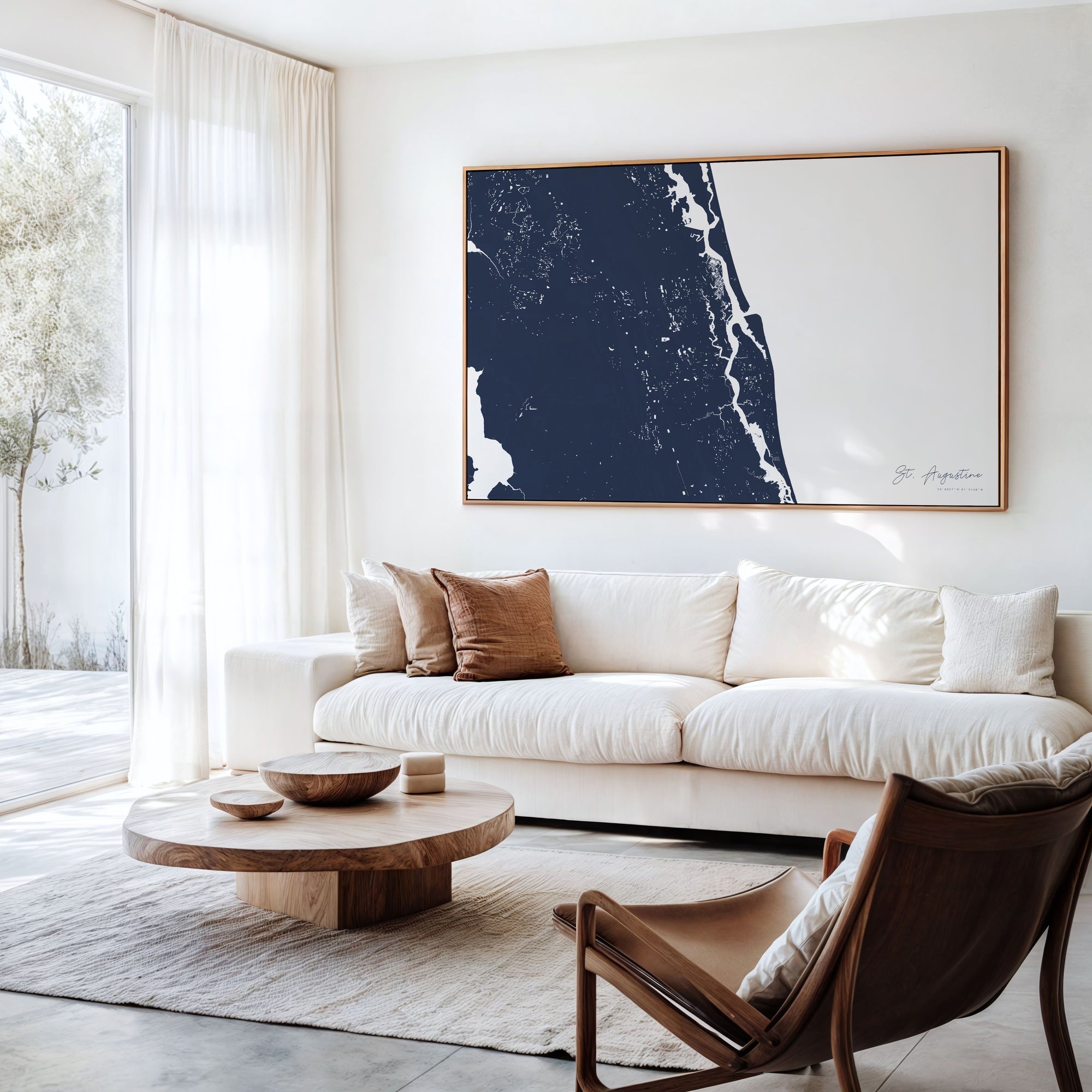 St Augustine navy horizontal canvas map in an oak framed room scene