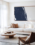 St Augustine navy horizontal canvas map in an oak framed room scene