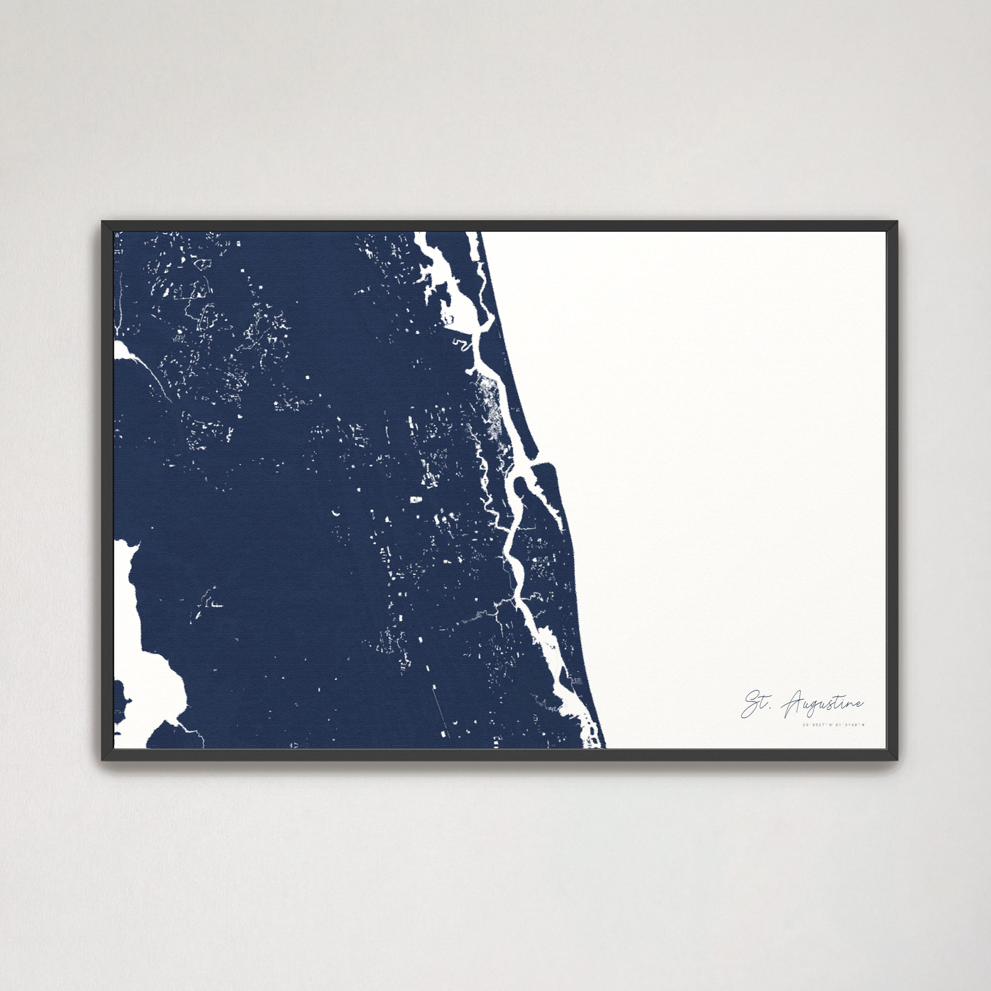 St. Augustine Coastal Map — Canvas Horizontal, navy, Black Frame