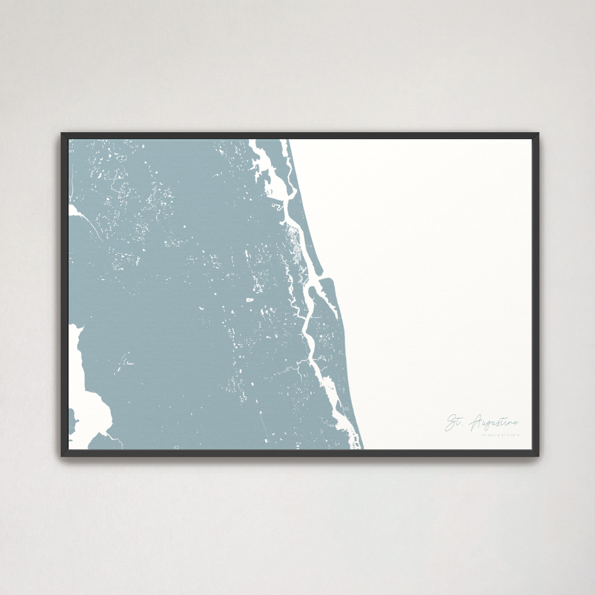 St. Augustine Coastal Map — Canvas Horizontal, soft-blue, Black Frame
