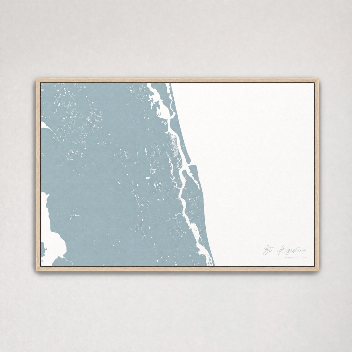St. Augustine Coastal Map — Canvas Horizontal — soft-blue, Light Wood