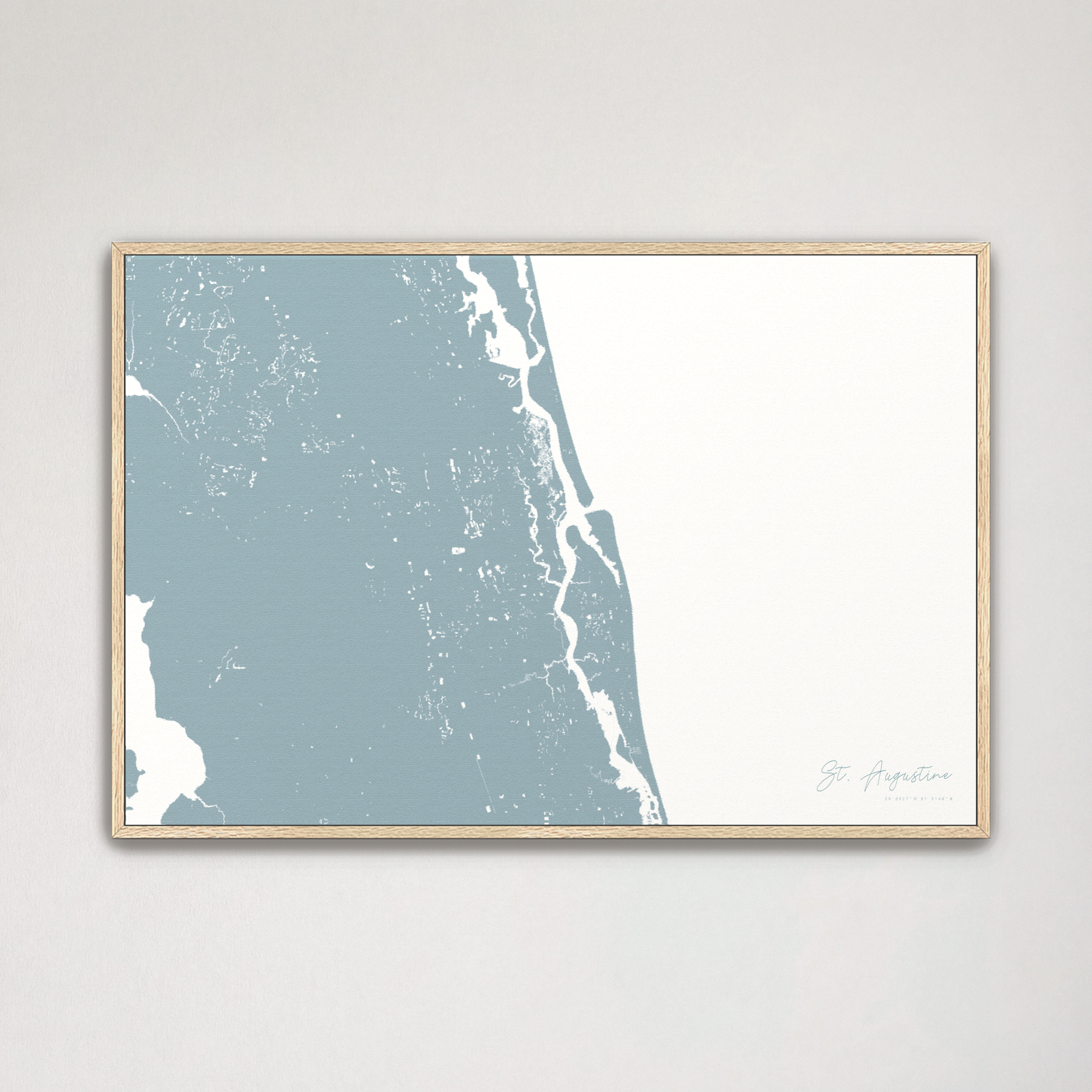 St. Augustine Coastal Map — Canvas Horizontal, soft-blue, Natural Oak