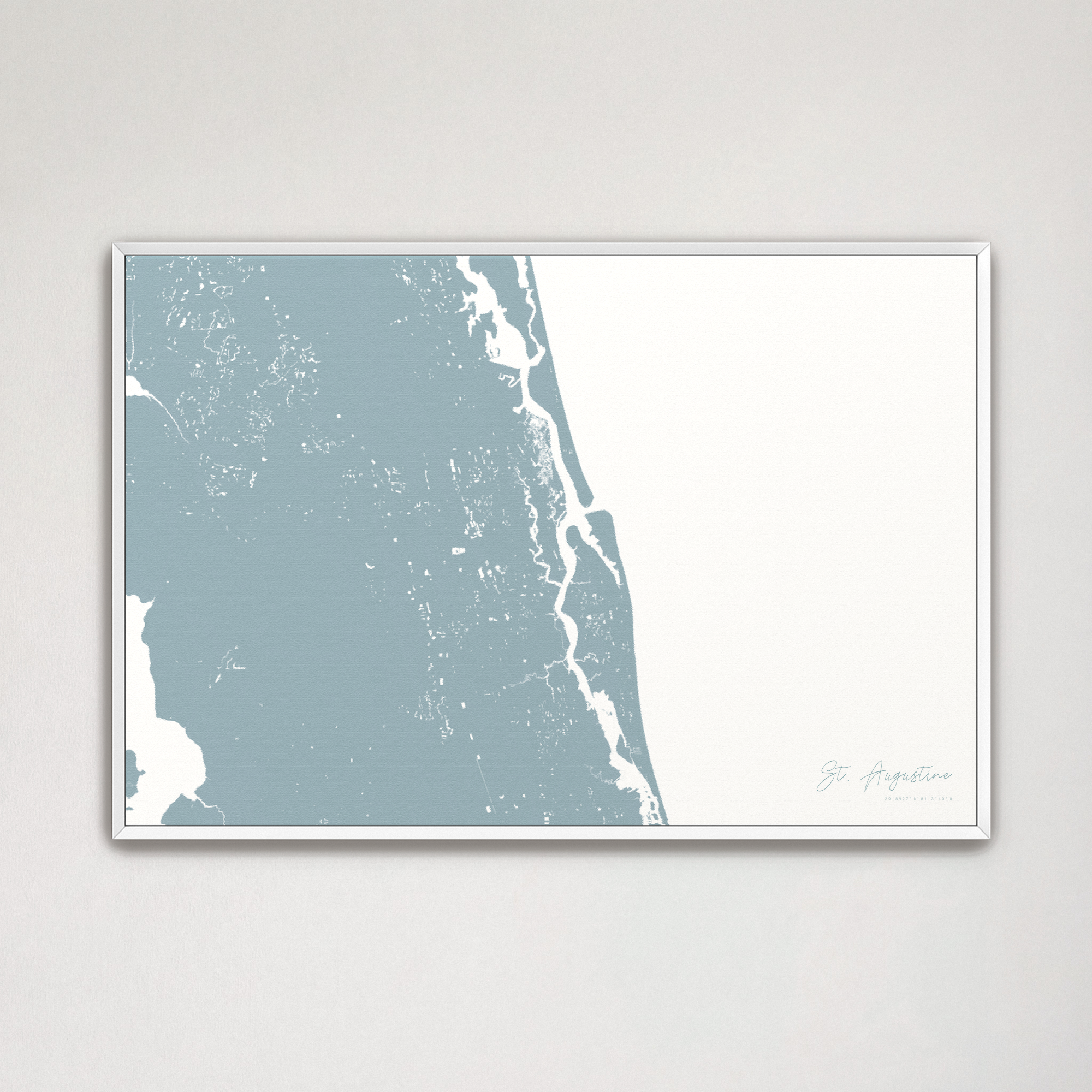 St. Augustine Coastal Map — Canvas Horizontal, soft-blue, White Frame