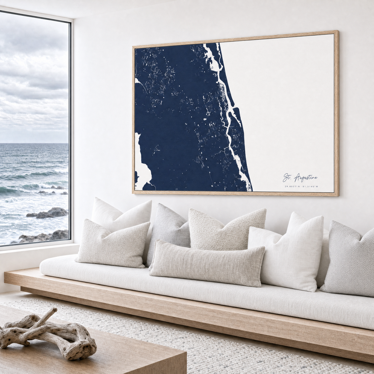 St. Augustine canvas map — sea-view bench interior