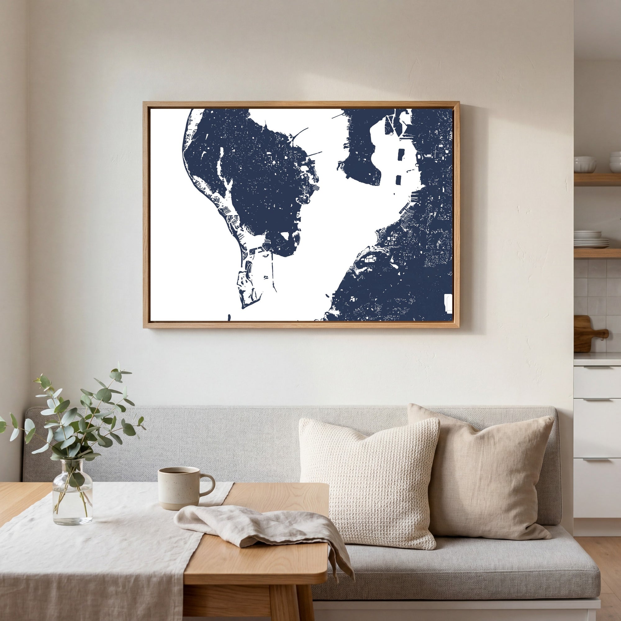 St Petersburg navy horizontal canvas map in an oak framed room scene
