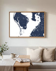 St Petersburg navy horizontal canvas map in an oak framed room scene