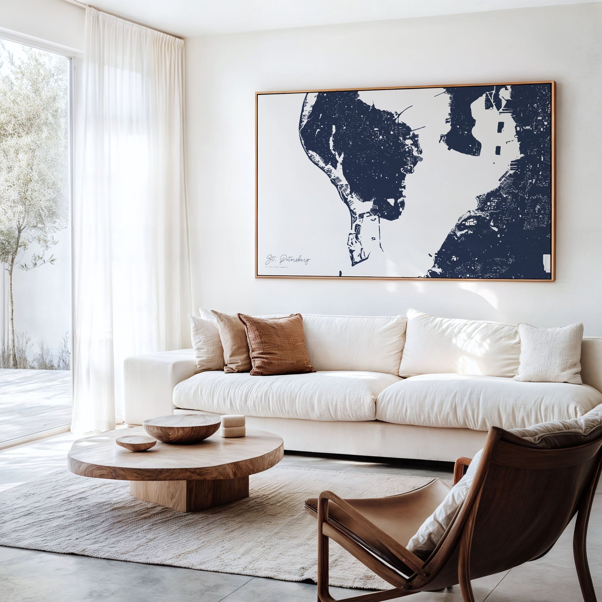 St Petersburg navy horizontal canvas map in an oak framed room scene