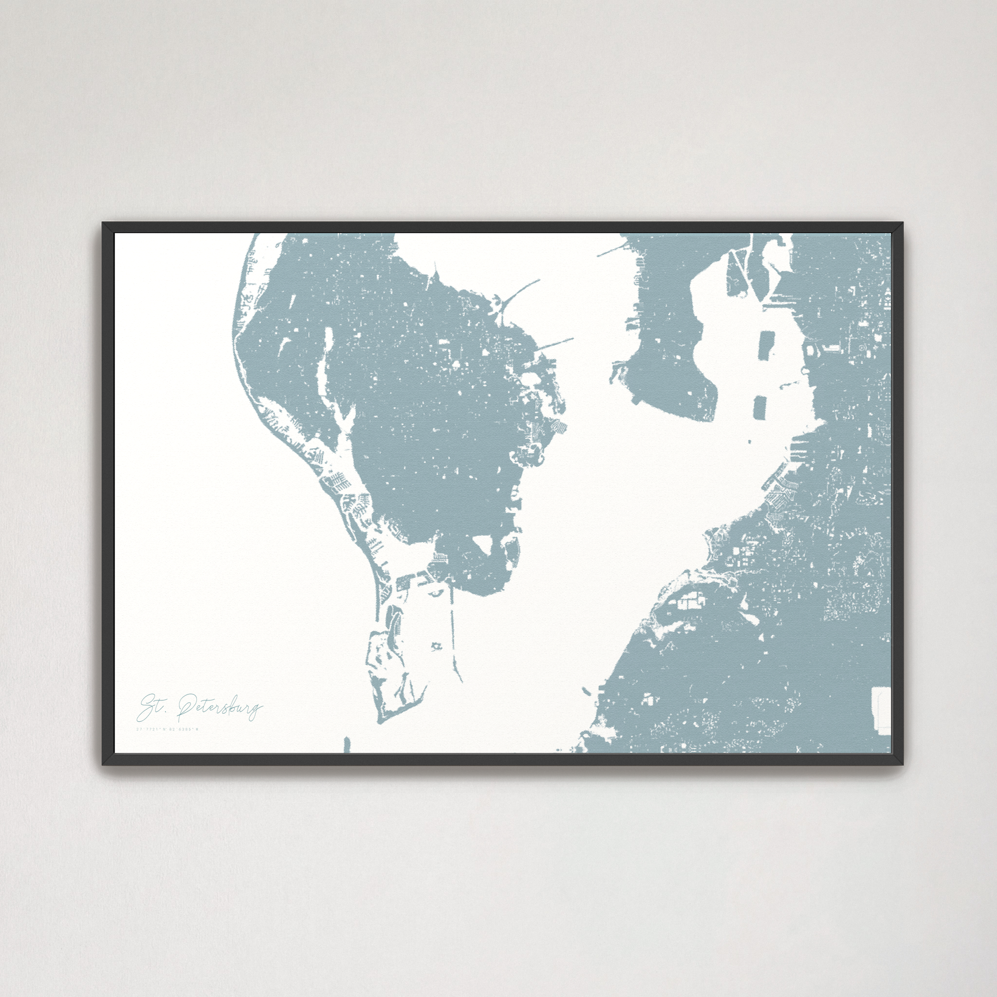 St. Petersburg Coastal Map — Canvas Horizontal, soft-blue, Black Frame