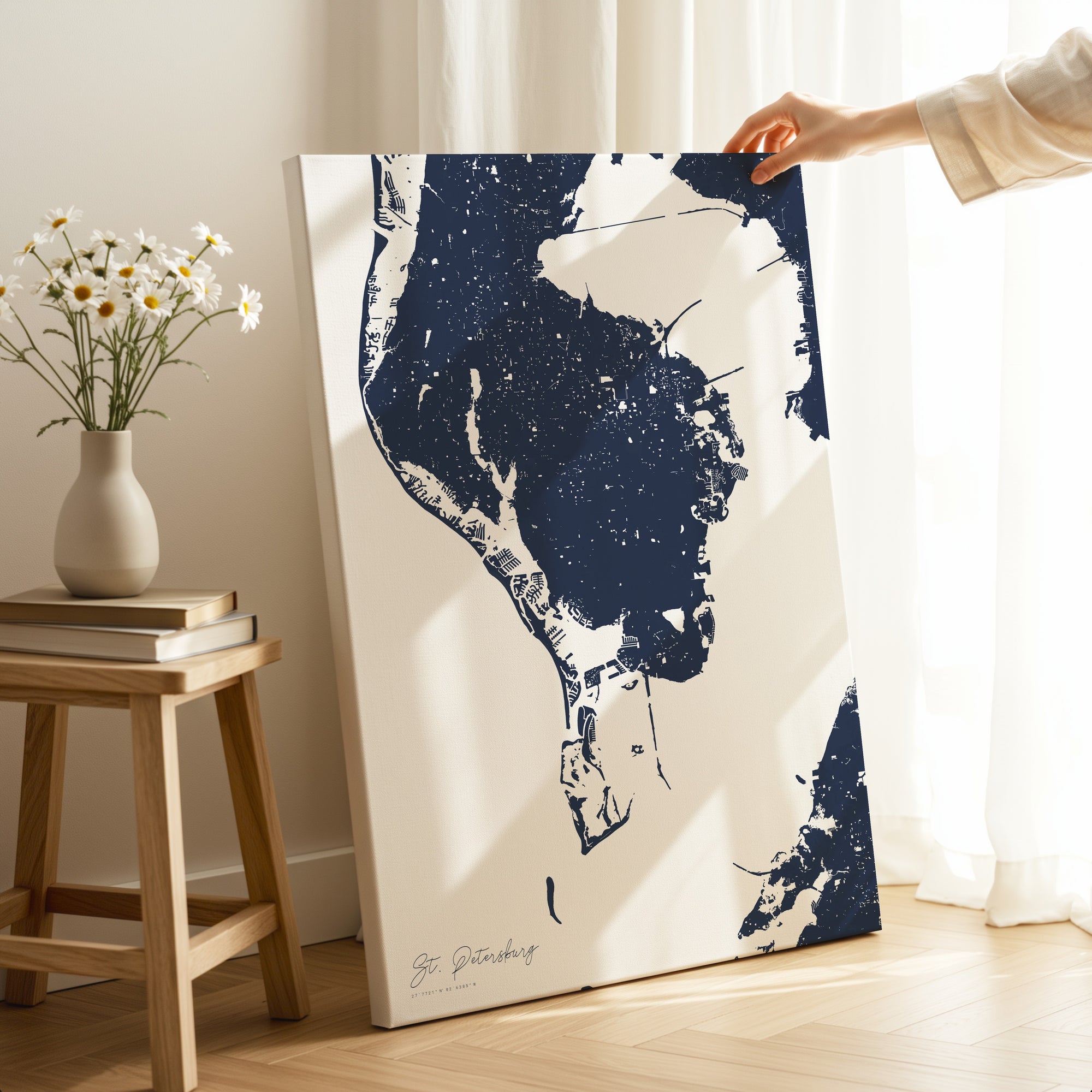St Petersburg navy vertical wrapped canvas map in the ratio 2:3 hand mockup