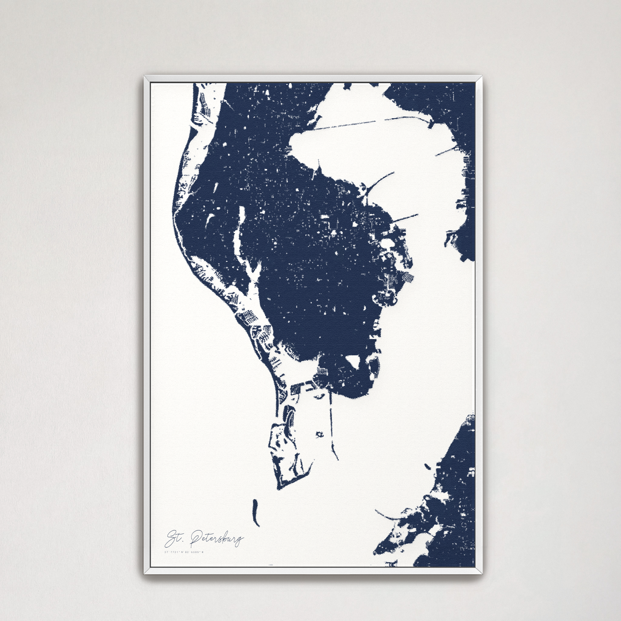 St. Petersburg Coastal Map — Canvas Vertical, navy, White Frame