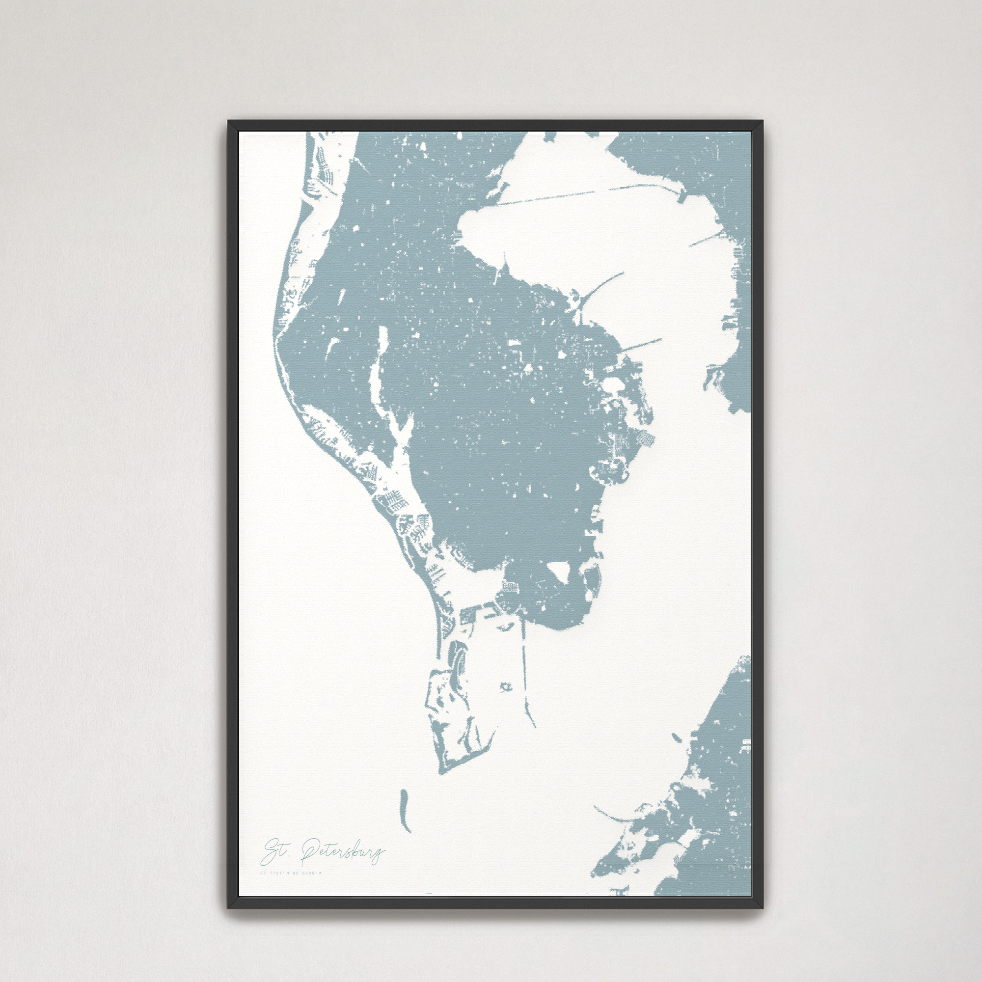 St. Petersburg Coastal Map — Canvas Vertical, soft-blue, Black Frame