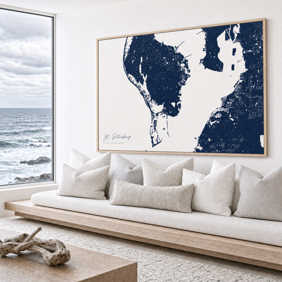 St. Petersburg canvas map — sea-view bench interior
