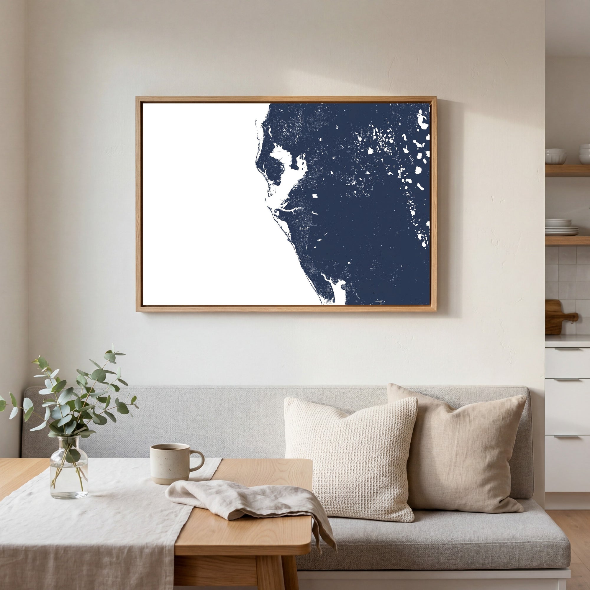 Tampa Bay navy horizontal canvas map in an oak framed room scene