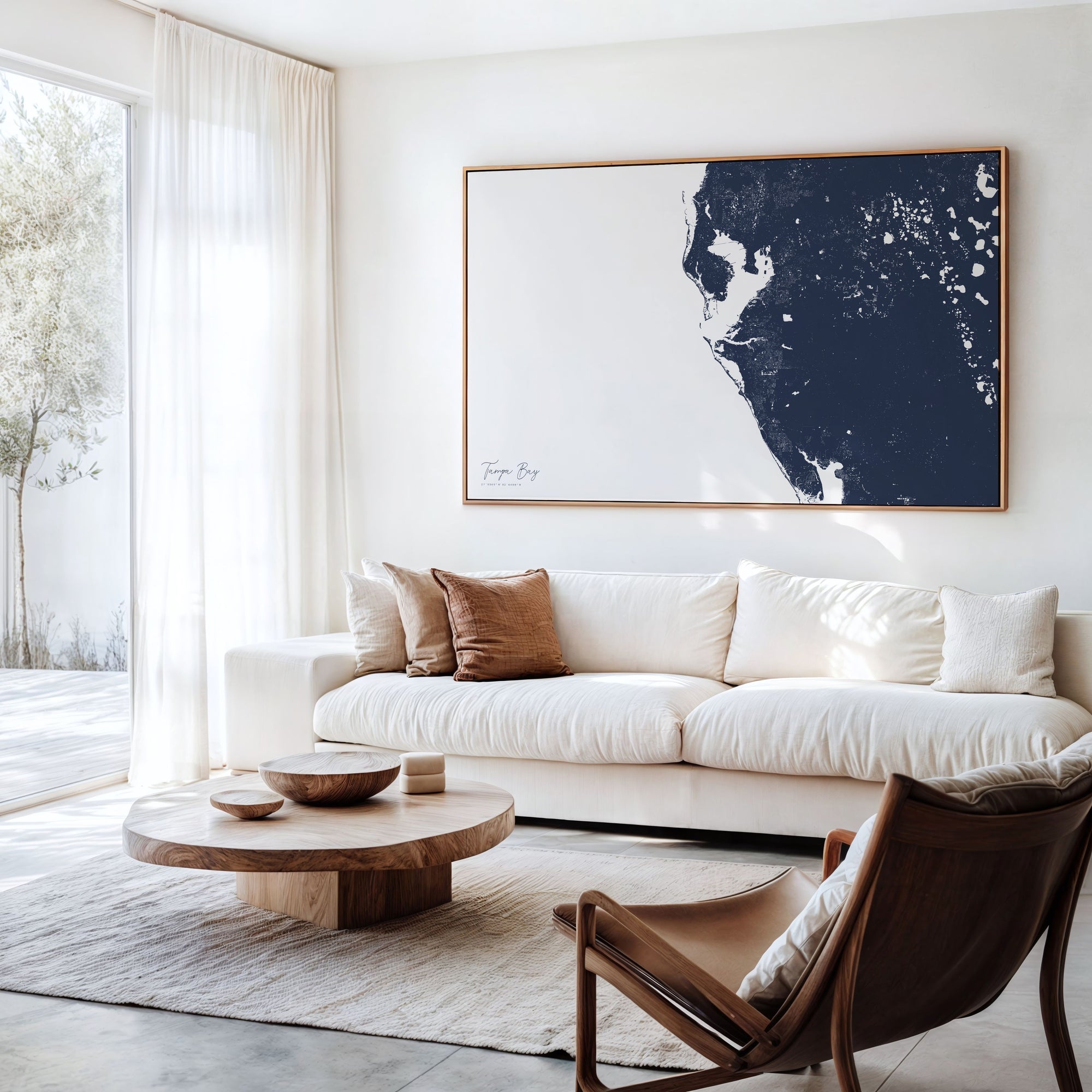 Tampa Bay navy horizontal canvas map in an oak framed room scene