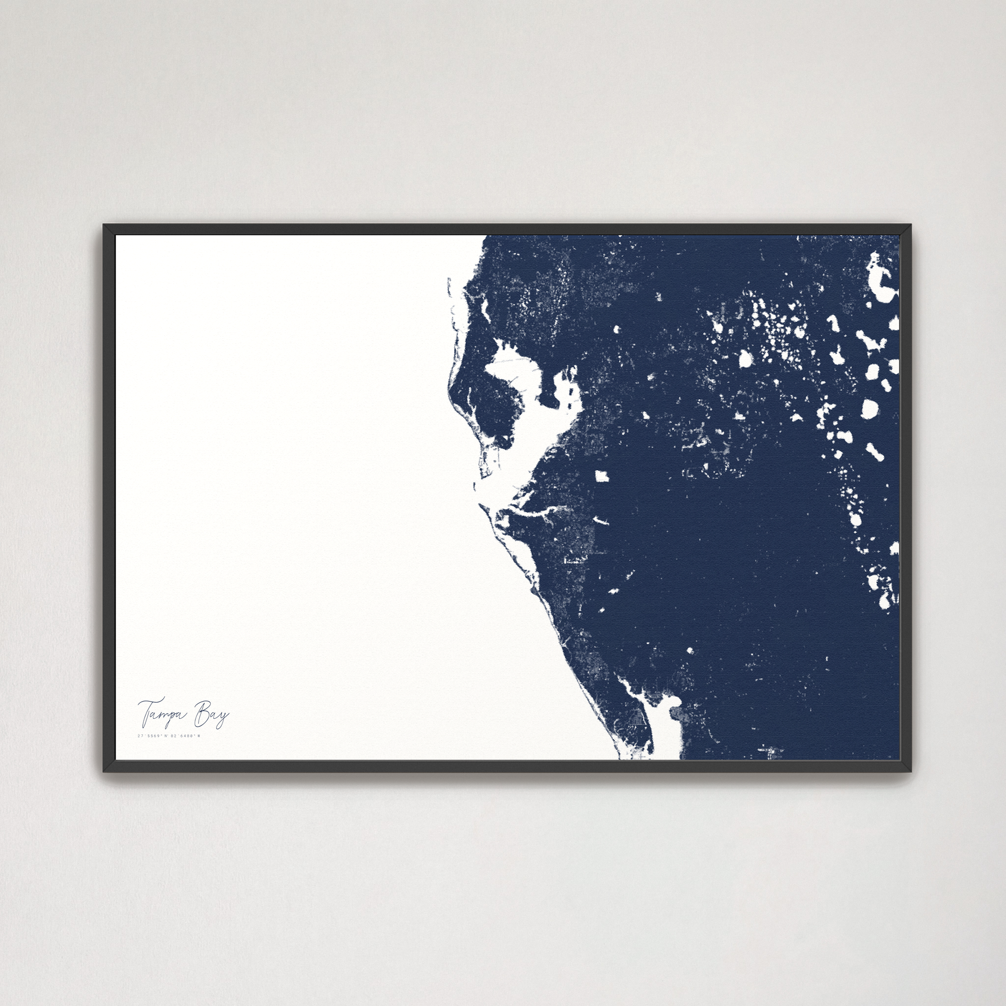 Tampa Bay / Sarasota Coastal Map — Canvas Horizontal, navy, Black Frame