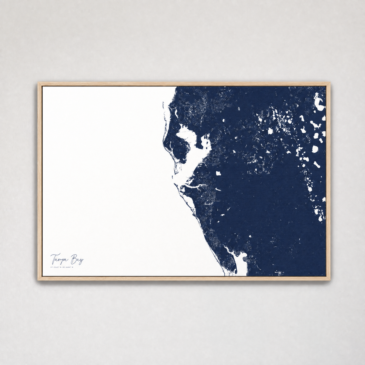 Tampa Bay / Sarasota Coastal Map — Canvas Horizontal — navy, Light Wood
