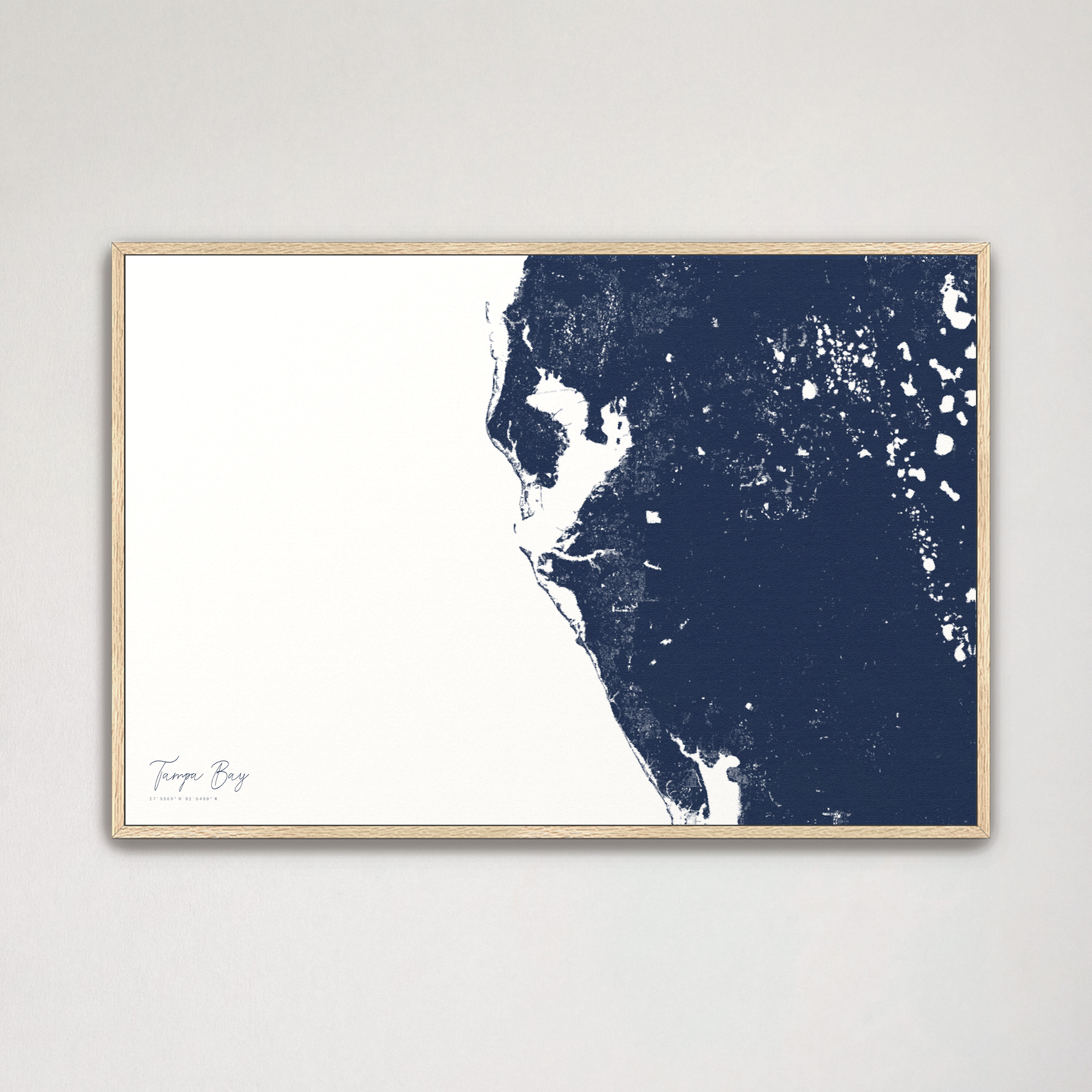 Tampa Bay / Sarasota Coastal Map — Canvas Horizontal, navy, Natural Oak