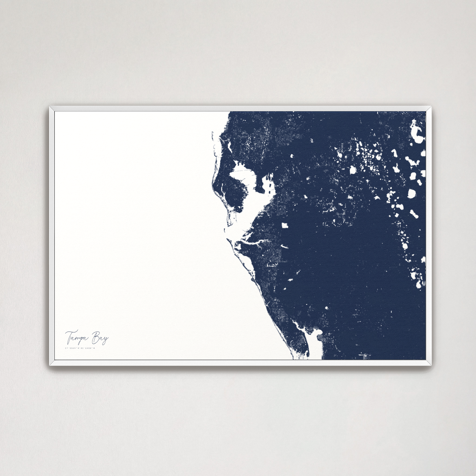 Tampa Bay / Sarasota Coastal Map — Canvas Horizontal, navy, White Frame