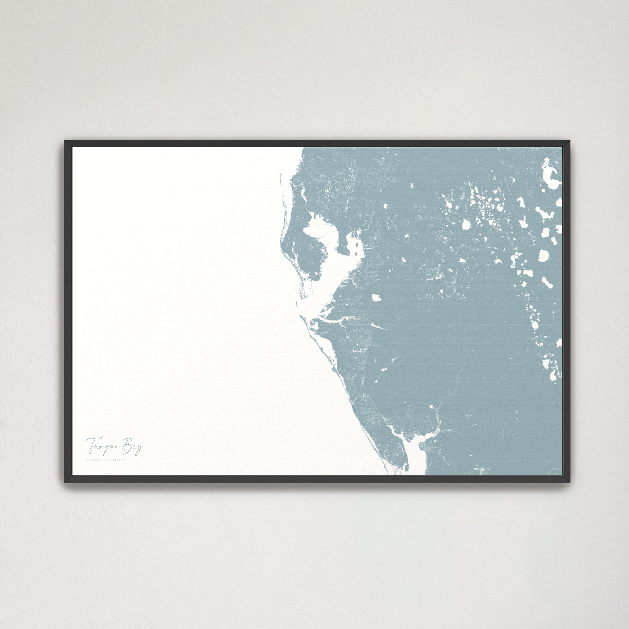Tampa Bay / Sarasota Coastal Map — Canvas Horizontal, soft-blue, Black Frame