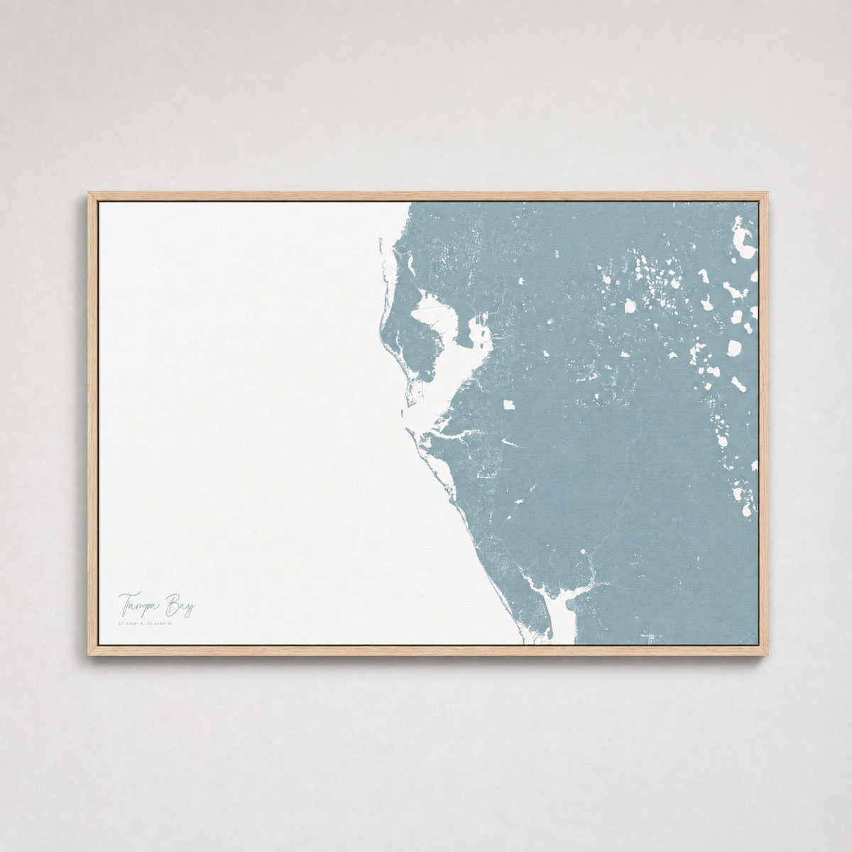 Tampa Bay / Sarasota Coastal Map — Canvas Horizontal — soft-blue, Light Wood
