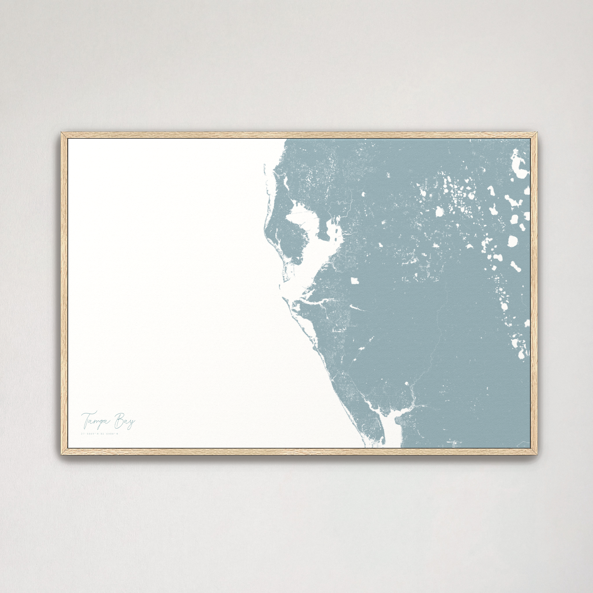 Tampa Bay / Sarasota Coastal Map — Canvas Horizontal, soft-blue, Natural Oak