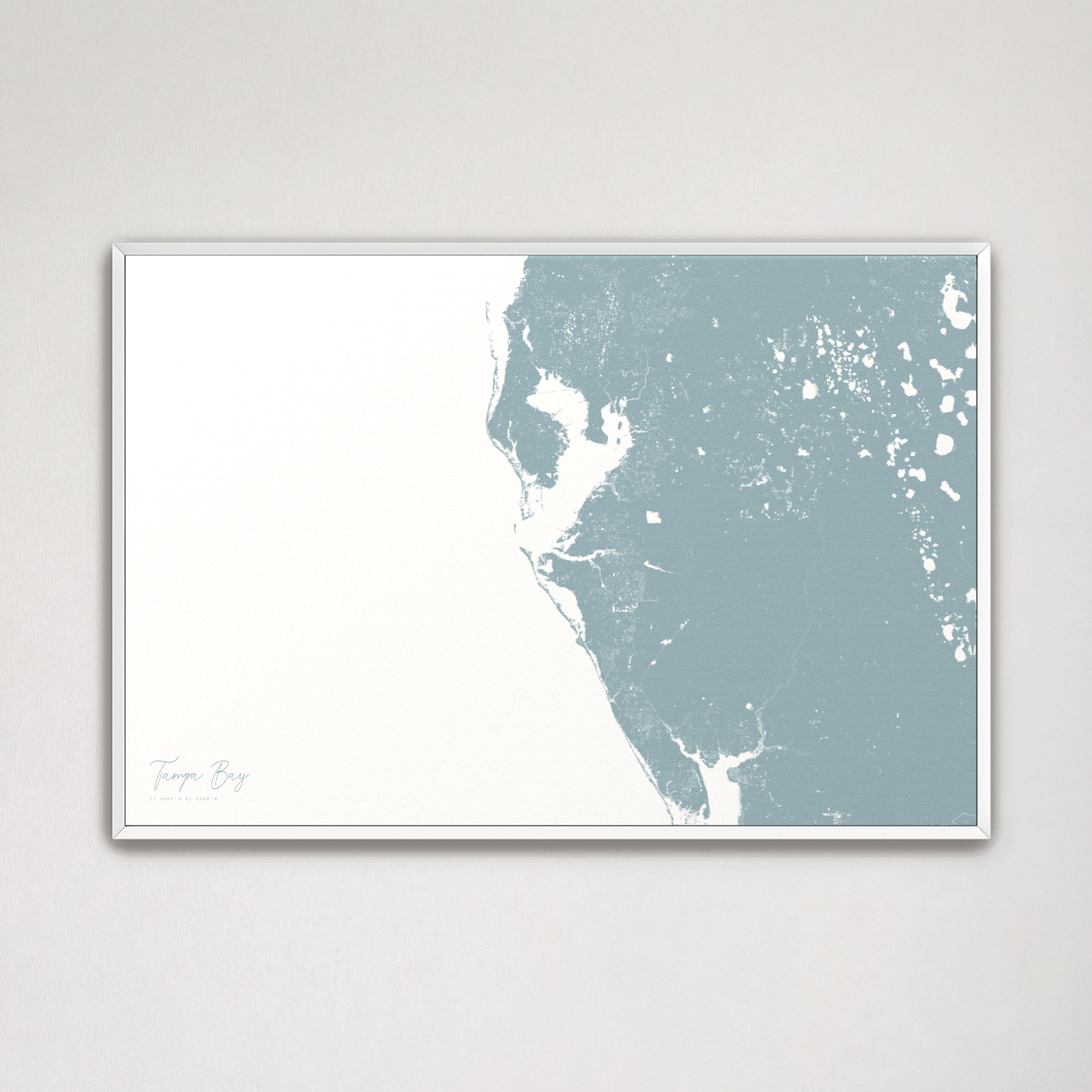 Tampa Bay / Sarasota Coastal Map — Canvas Horizontal, soft-blue, White Frame