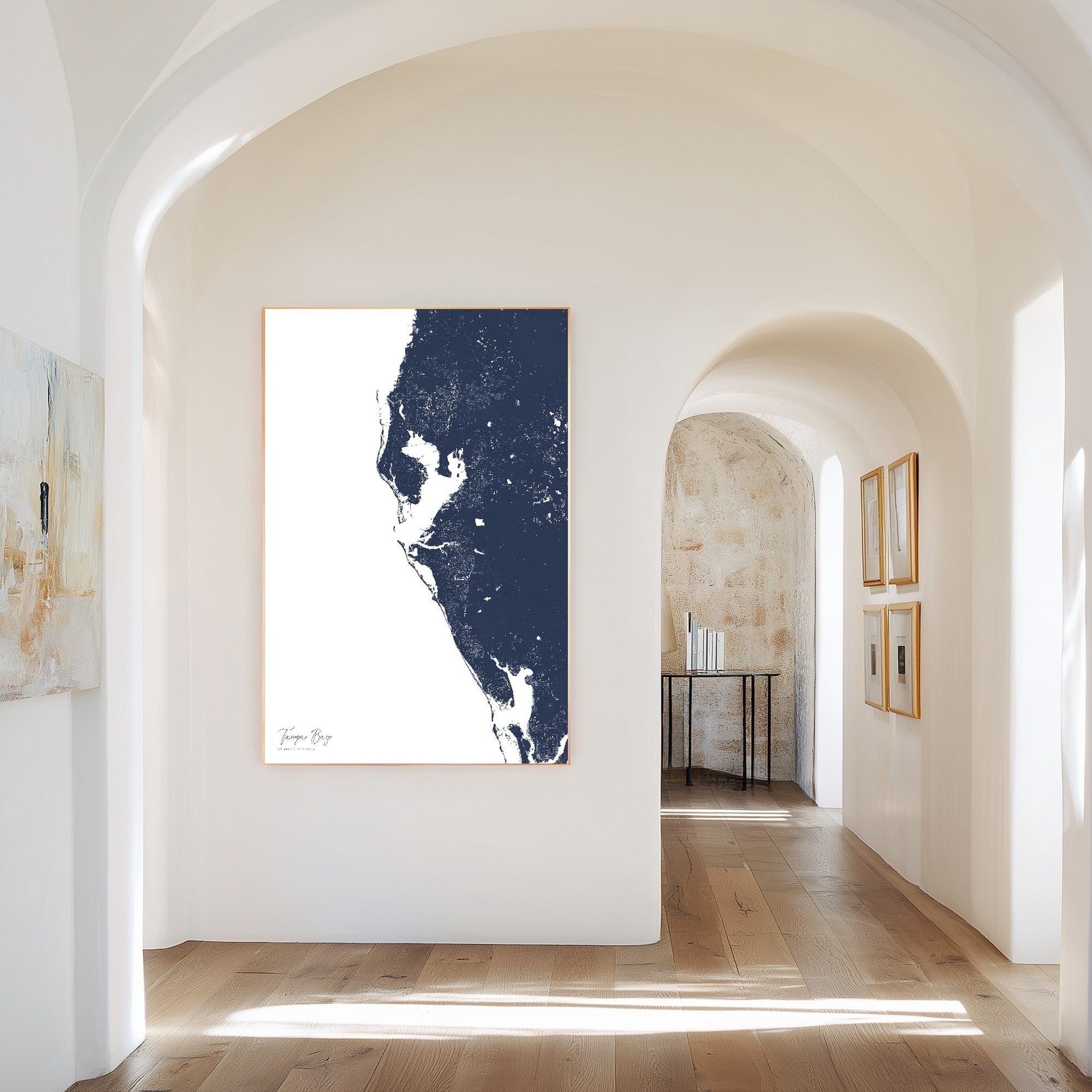 Tampa Bay navy vertical canvas map in the Bello mixed room scene