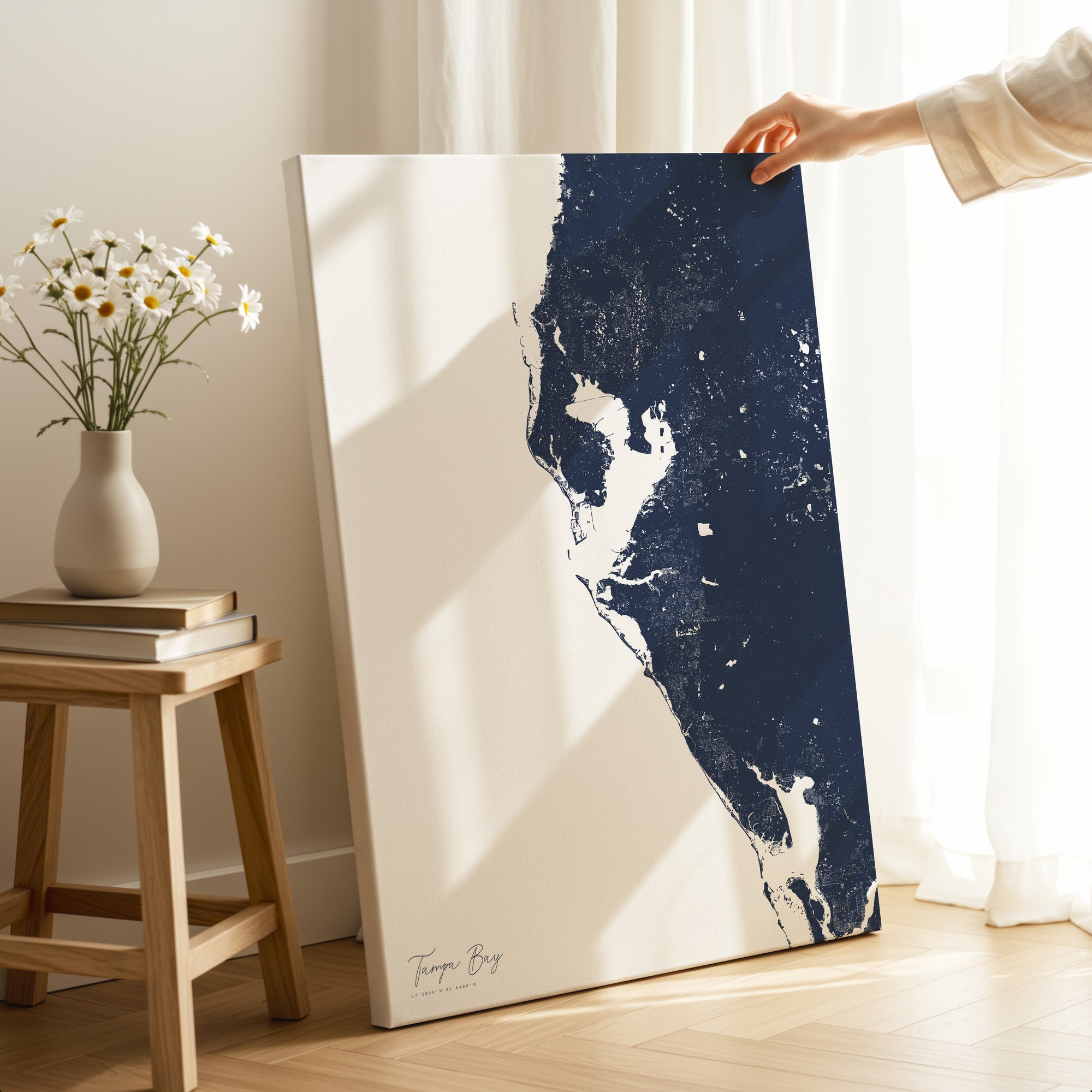 Tampa Bay navy vertical wrapped canvas map in the ratio 2:3 hand mockup