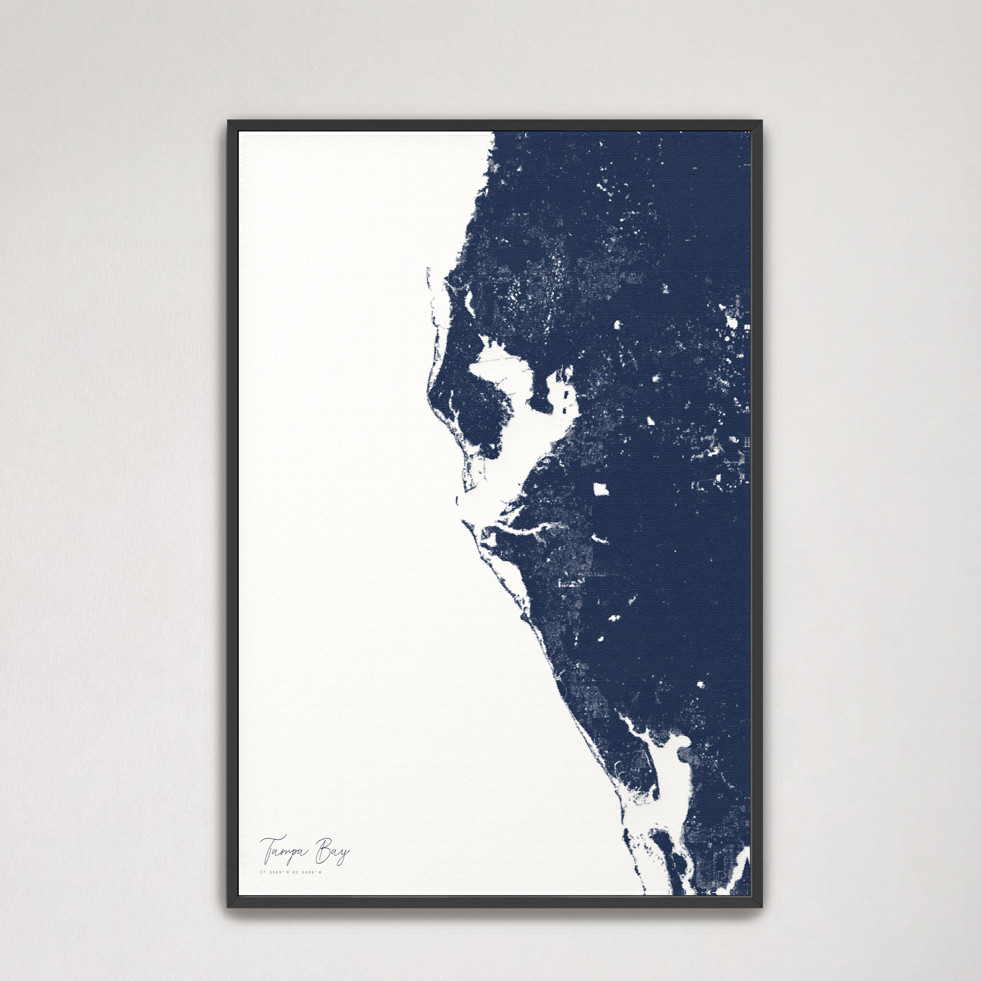 Tampa Bay / Sarasota Coastal Map — Canvas Vertical, navy, Black Frame