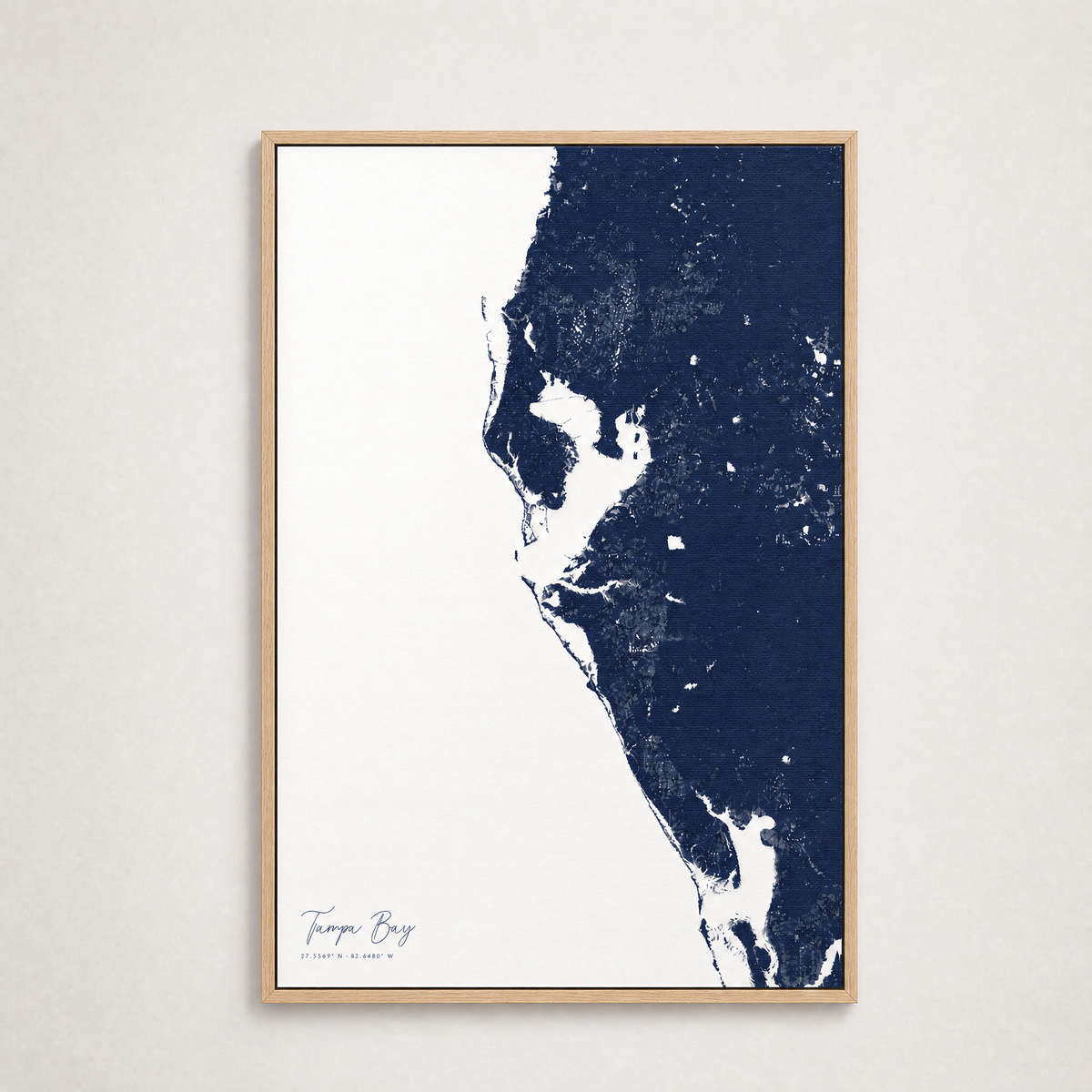 Tampa Bay / Sarasota Coastal Map — Canvas Vertical — navy, Light Wood