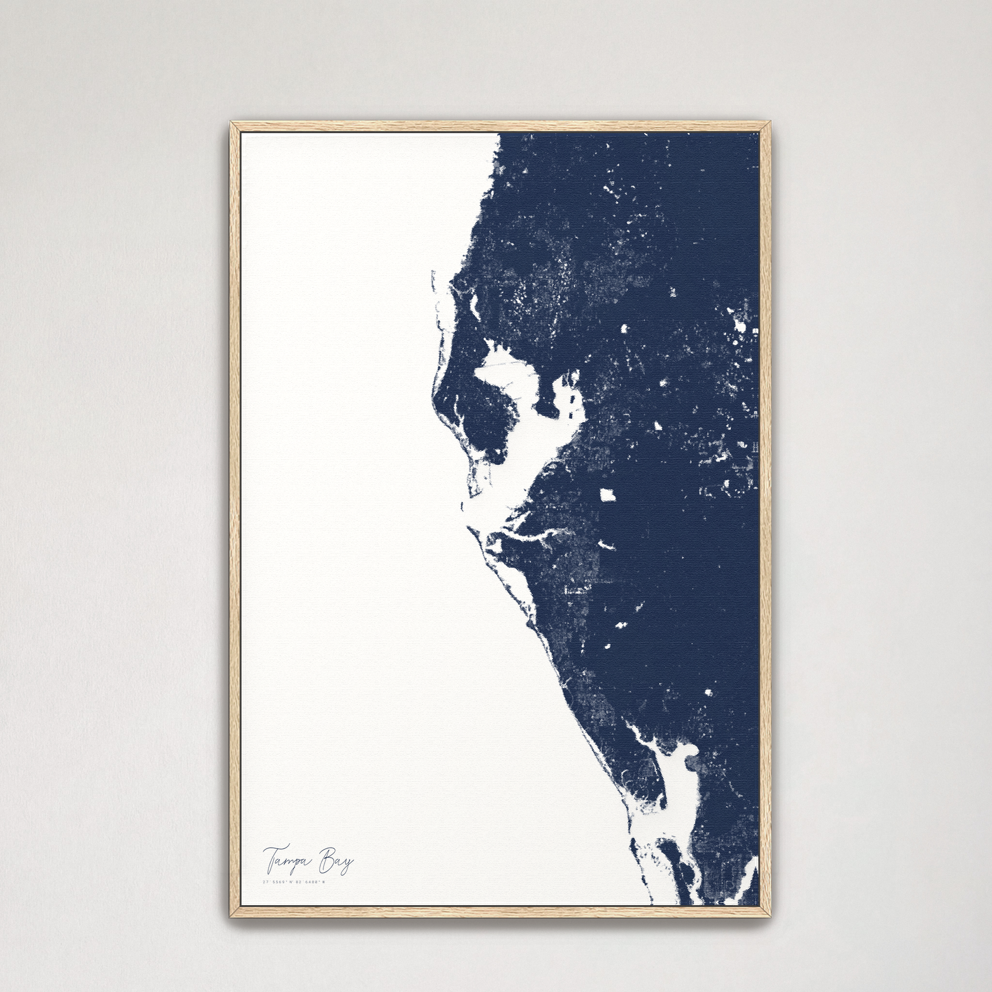 Tampa Bay / Sarasota Coastal Map — Canvas Vertical, navy, Natural Oak