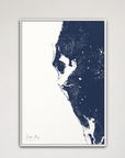 Tampa Bay / Sarasota Coastal Map — Canvas Vertical, navy, White Frame