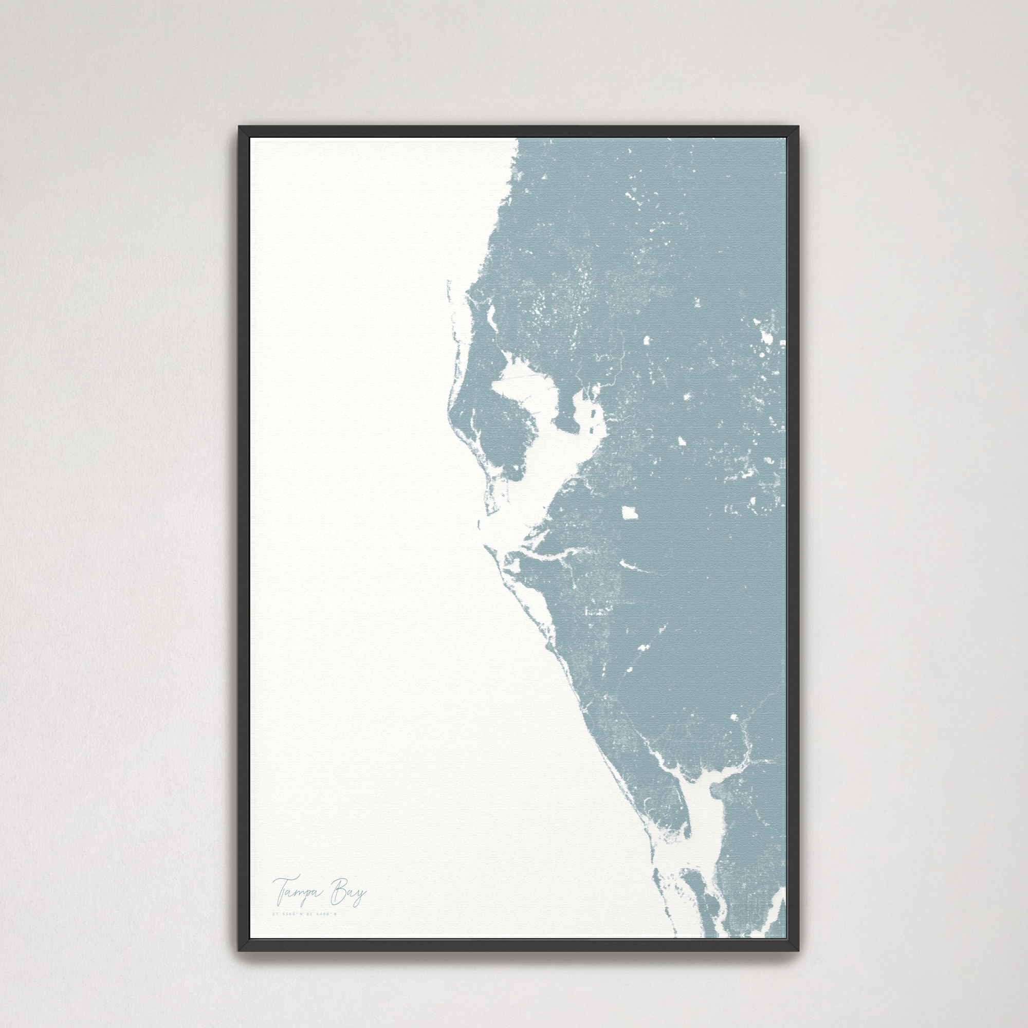 Tampa Bay / Sarasota Coastal Map — Canvas Vertical, soft-blue, Black Frame