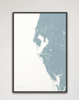 Tampa Bay / Sarasota Coastal Map — Canvas Vertical, soft-blue, Black Frame