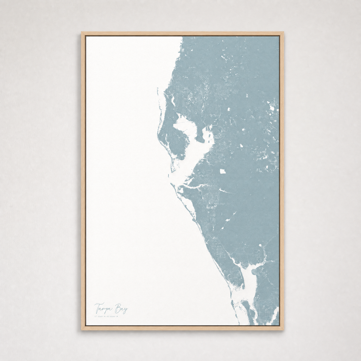 Tampa Bay / Sarasota Coastal Map — Canvas Vertical — soft-blue, Light Wood
