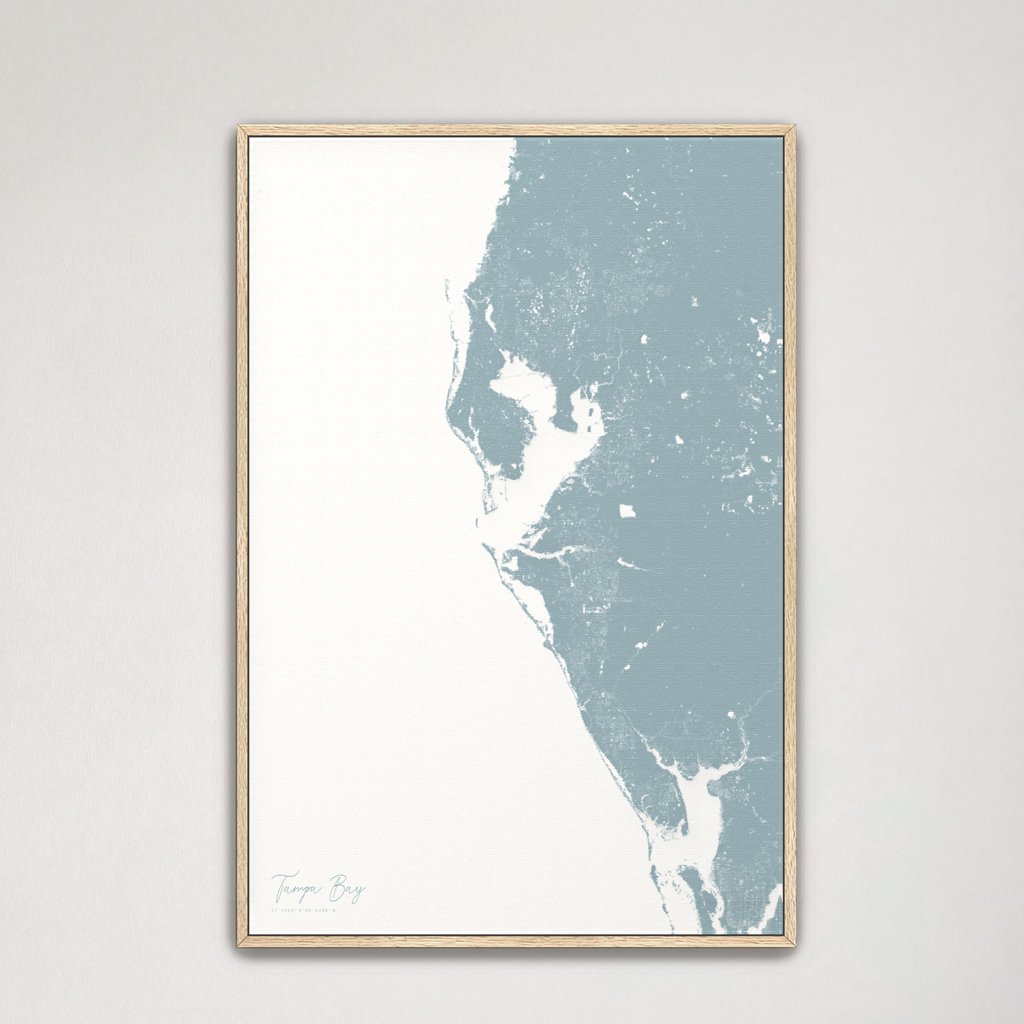 Tampa Bay / Sarasota Coastal Map — Canvas Vertical, soft-blue, Natural Oak