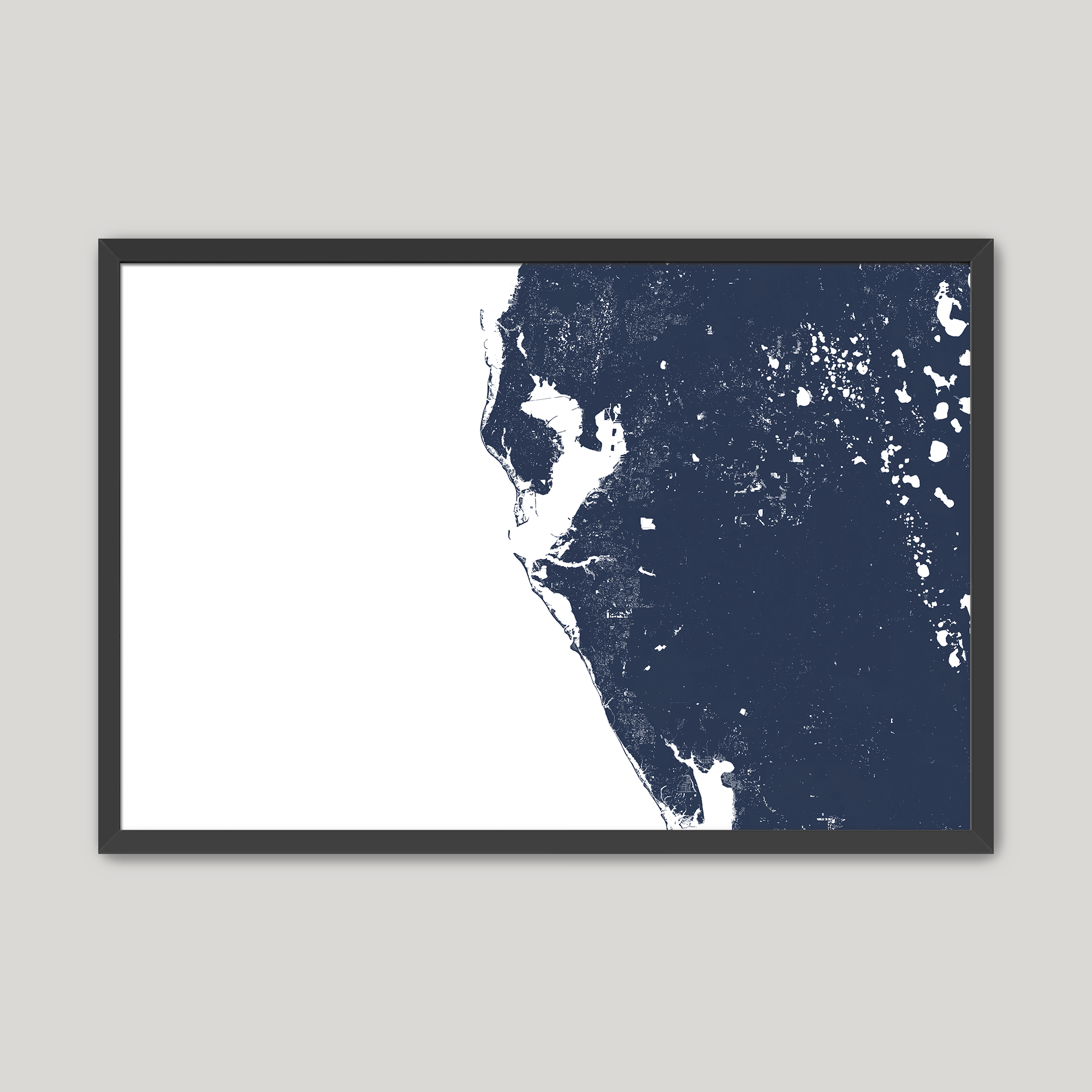 Tampa Bay / Sarasota Coastal Map — Fine Art Print Horizontal, navy, Black Frame, 10x8