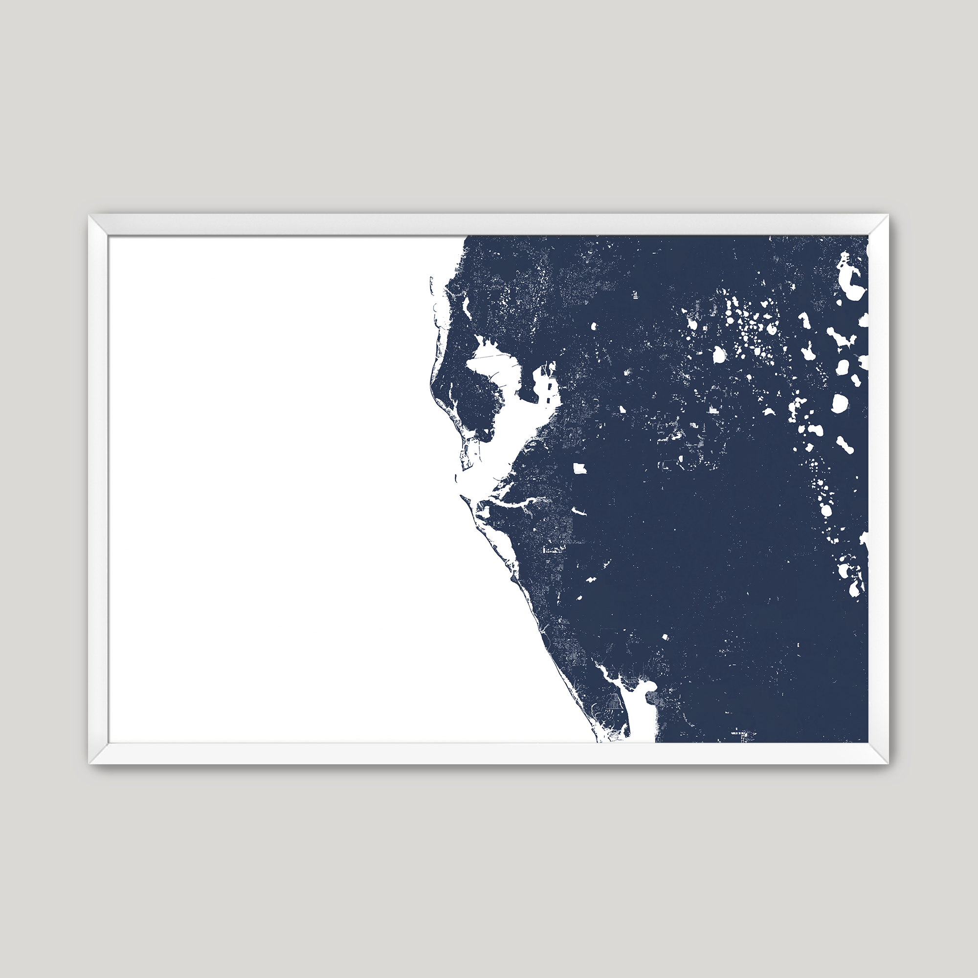 Tampa Bay / Sarasota Coastal Map — Fine Art Print Horizontal, navy, White Frame, 10x8