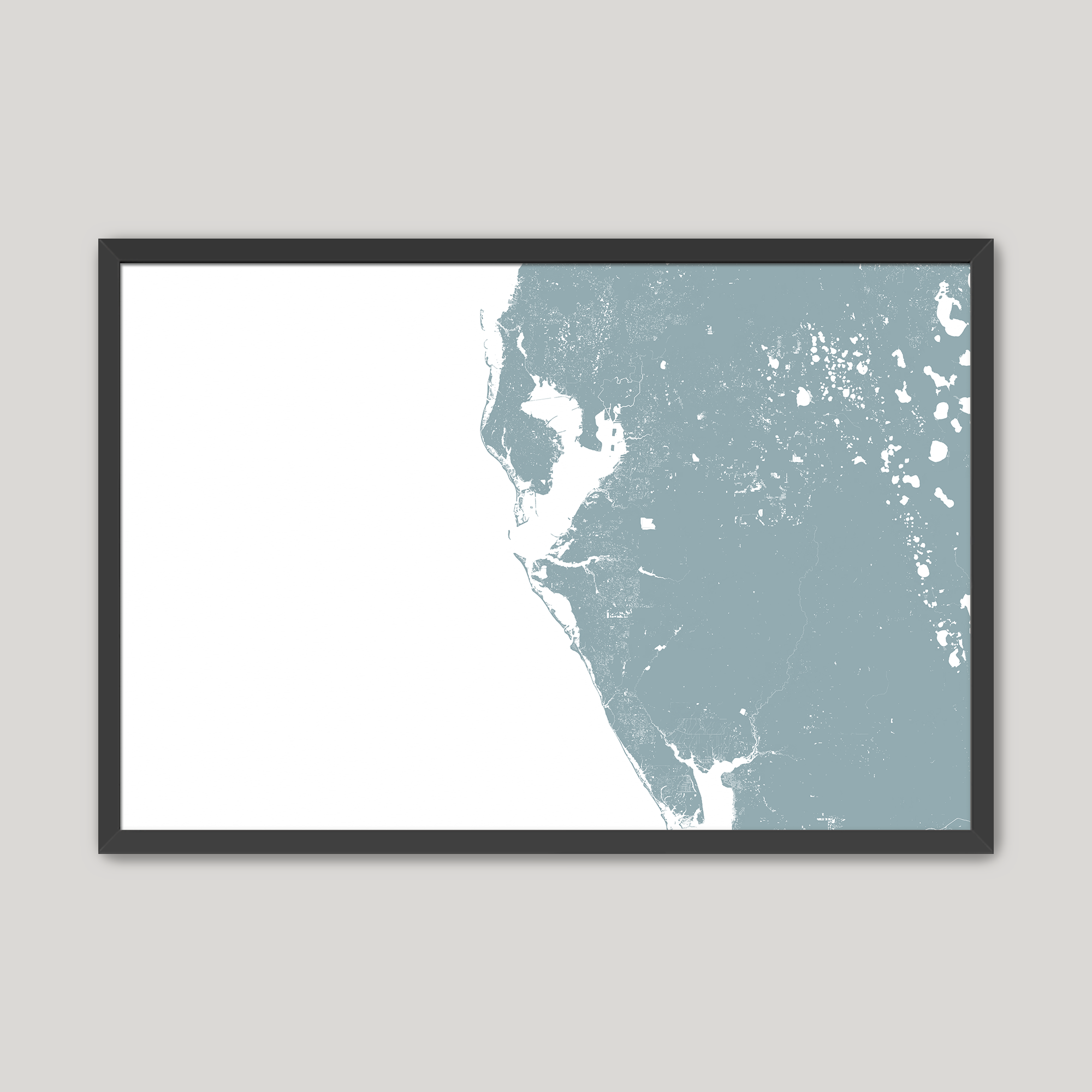 Tampa Bay / Sarasota Coastal Map — Fine Art Print Horizontal, soft-blue, Black Frame, 10x8