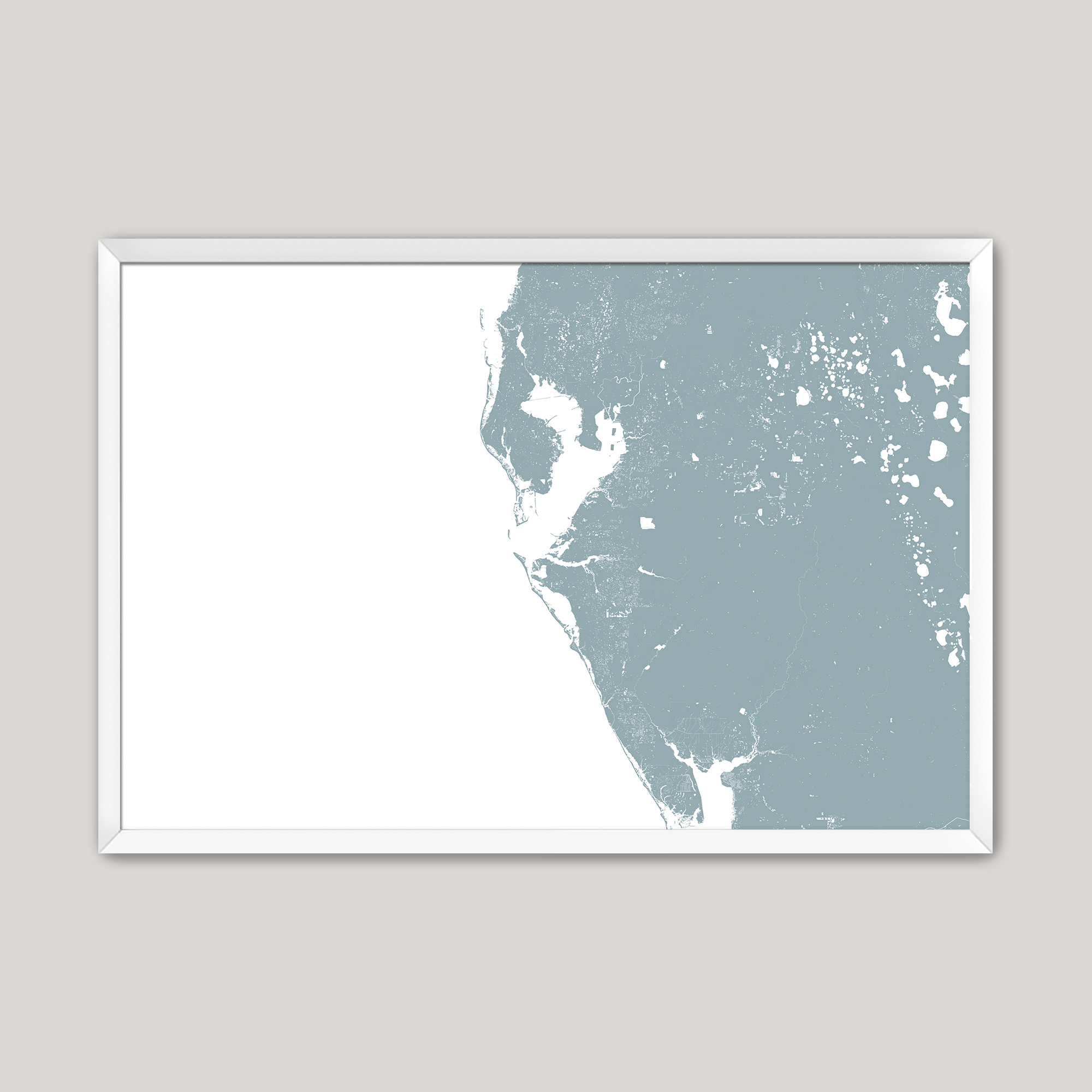 Tampa Bay / Sarasota Coastal Map — Fine Art Print Horizontal, soft-blue, White Frame, 10x8