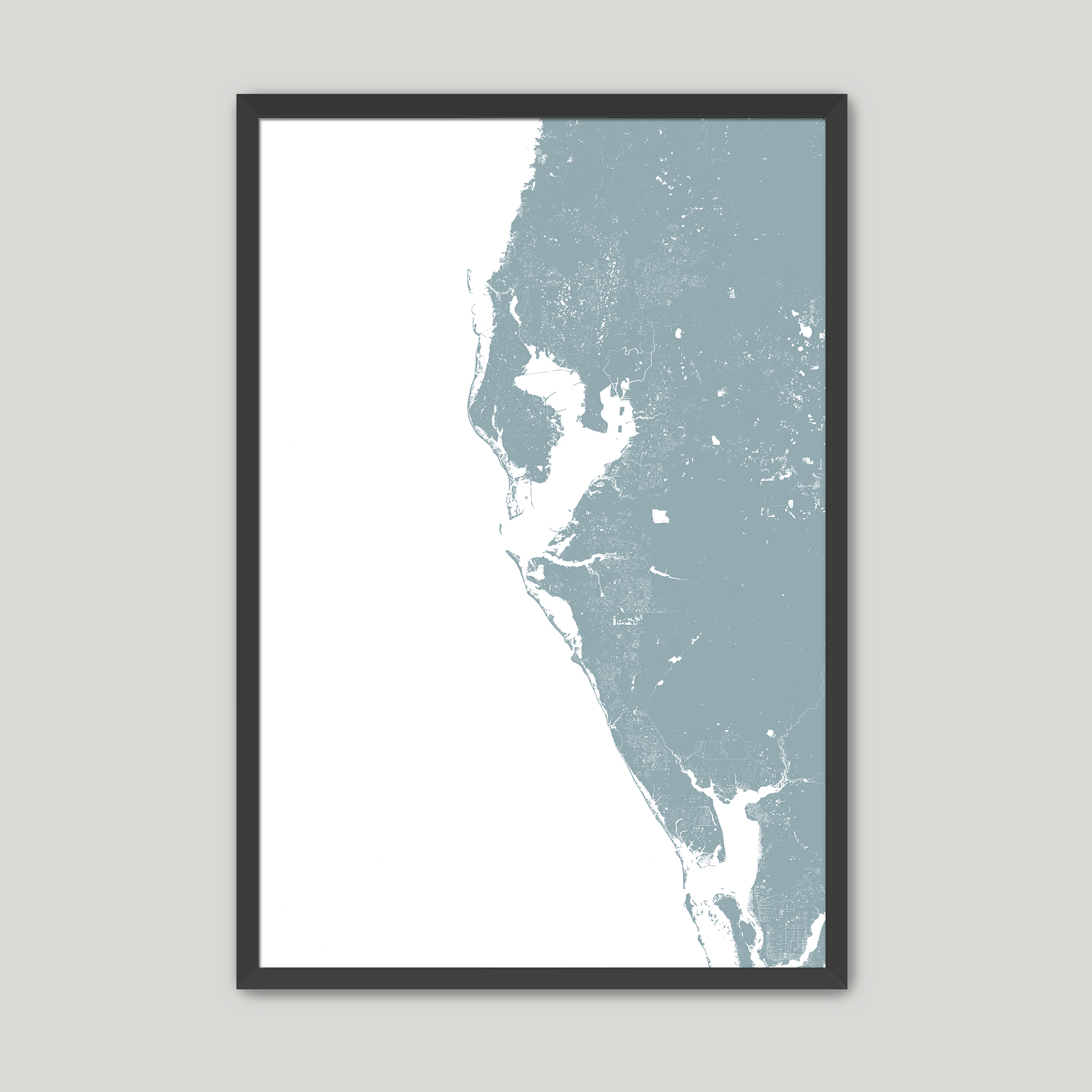 Tampa Bay / Sarasota Coastal Map — Fine Art Print Vertical, soft-blue, Black Frame, 8x10