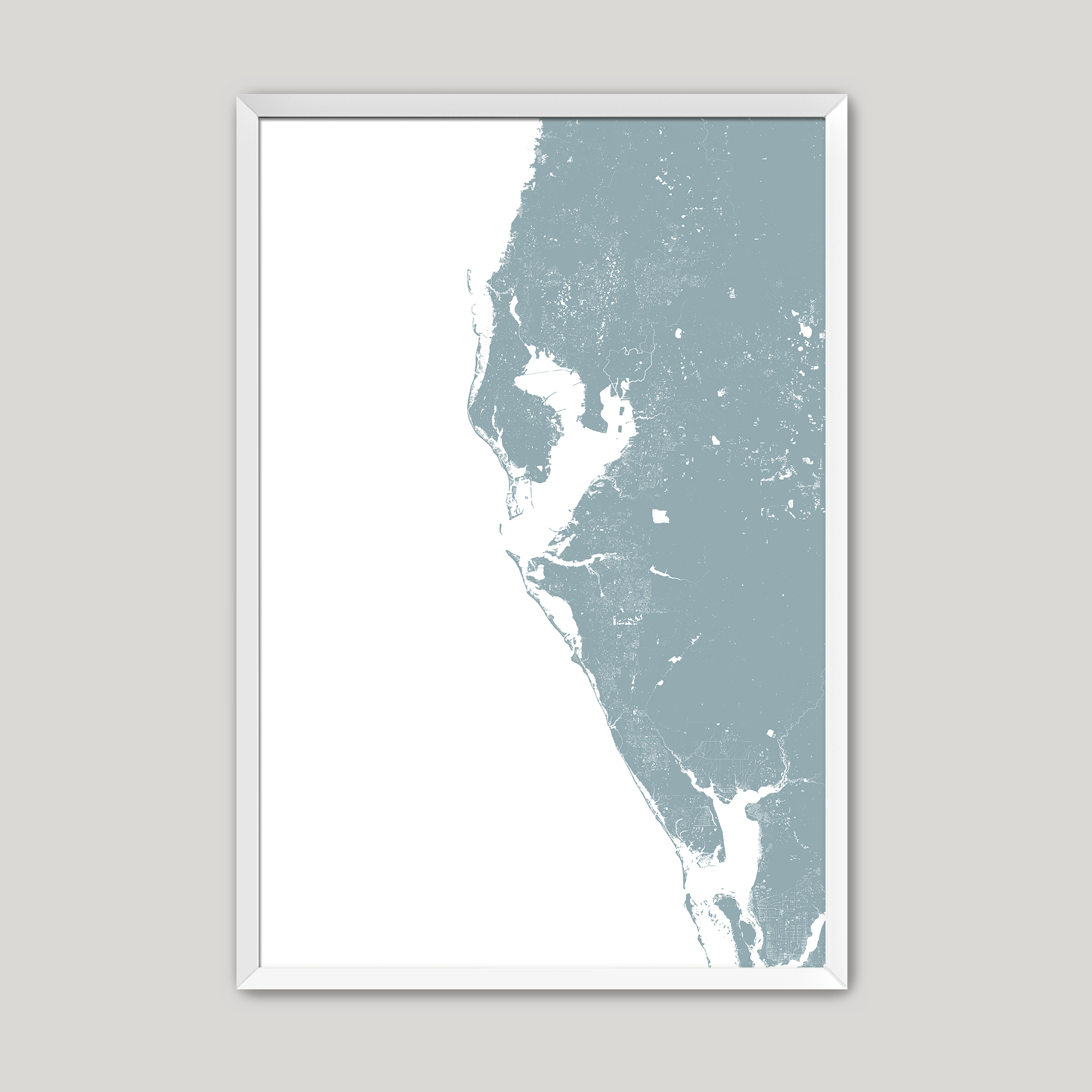 Tampa Bay / Sarasota Coastal Map — Fine Art Print Vertical, soft-blue, White Frame, 8x10